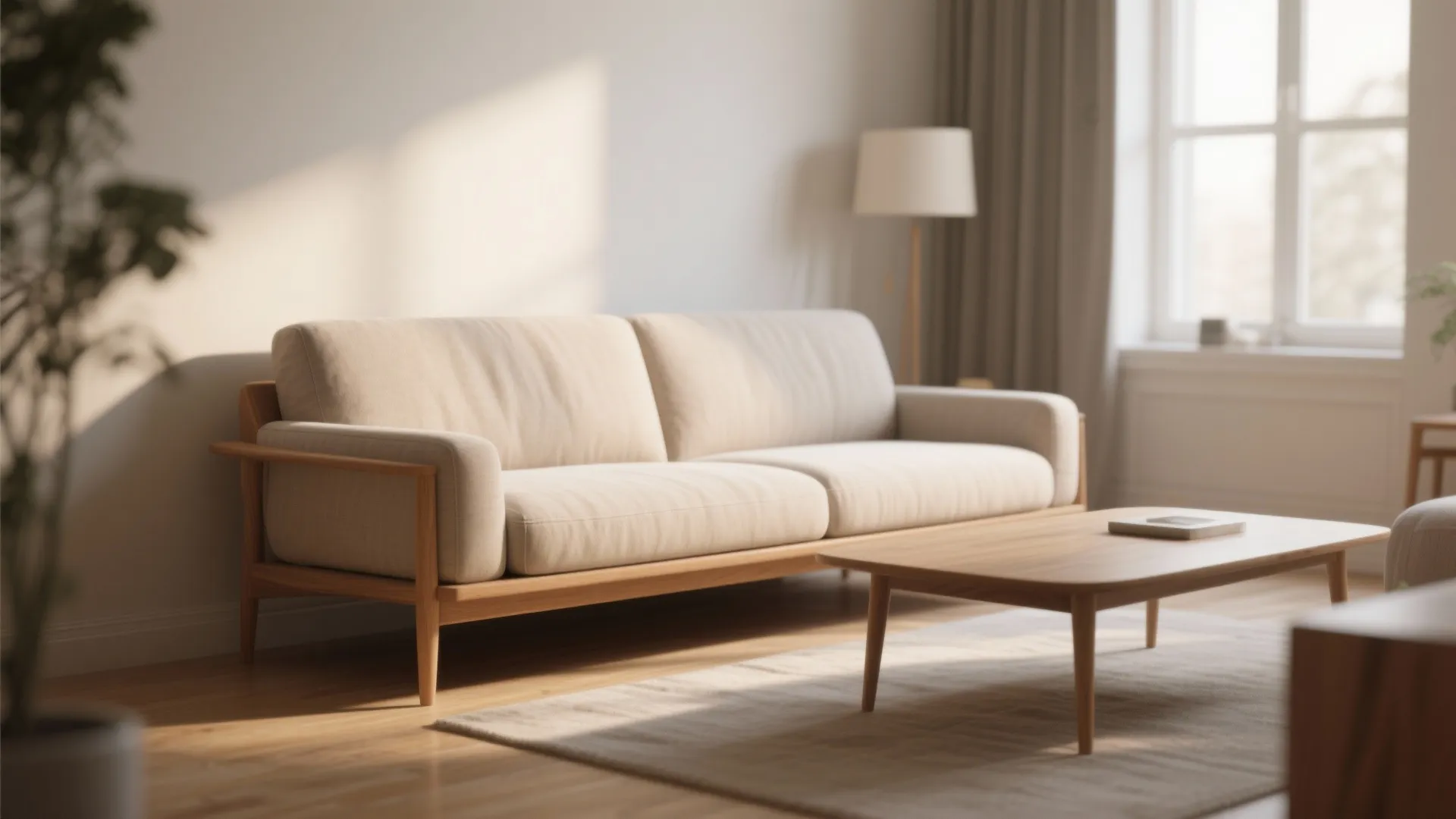 Minimalist beige sofa with wooden arms in sunlit living room with a wooden coffee table
