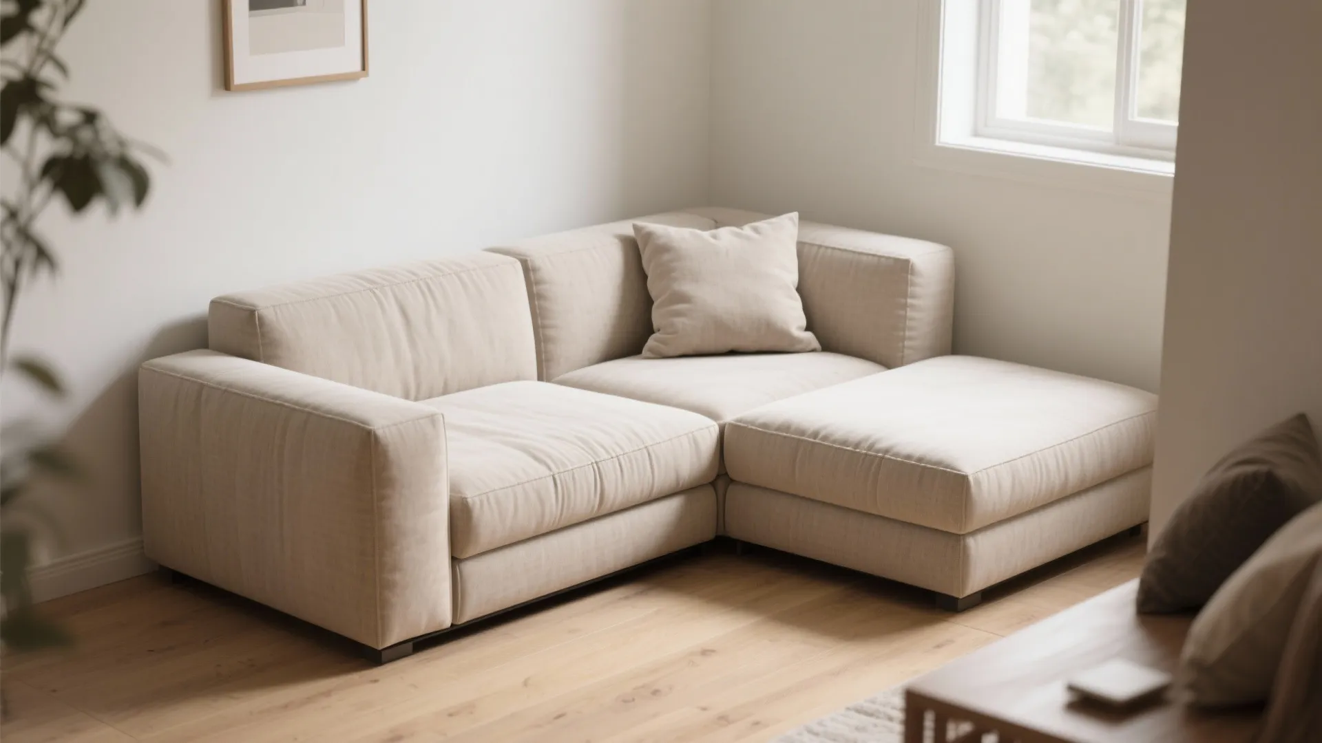 Cream colored sectional sofa in a bright living room with wood floors and natural light