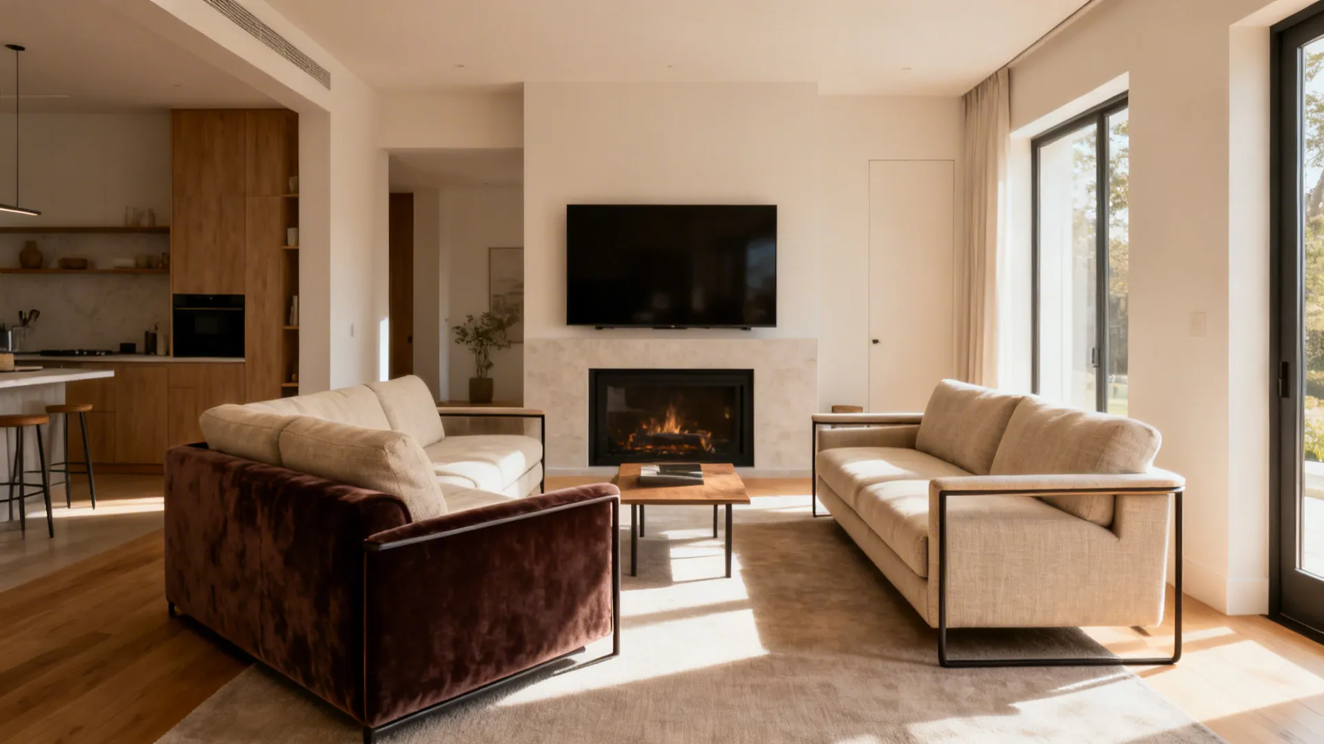 Slim-armed sofa and compact loveseat in a small living room with neutral tones and soft daylight.