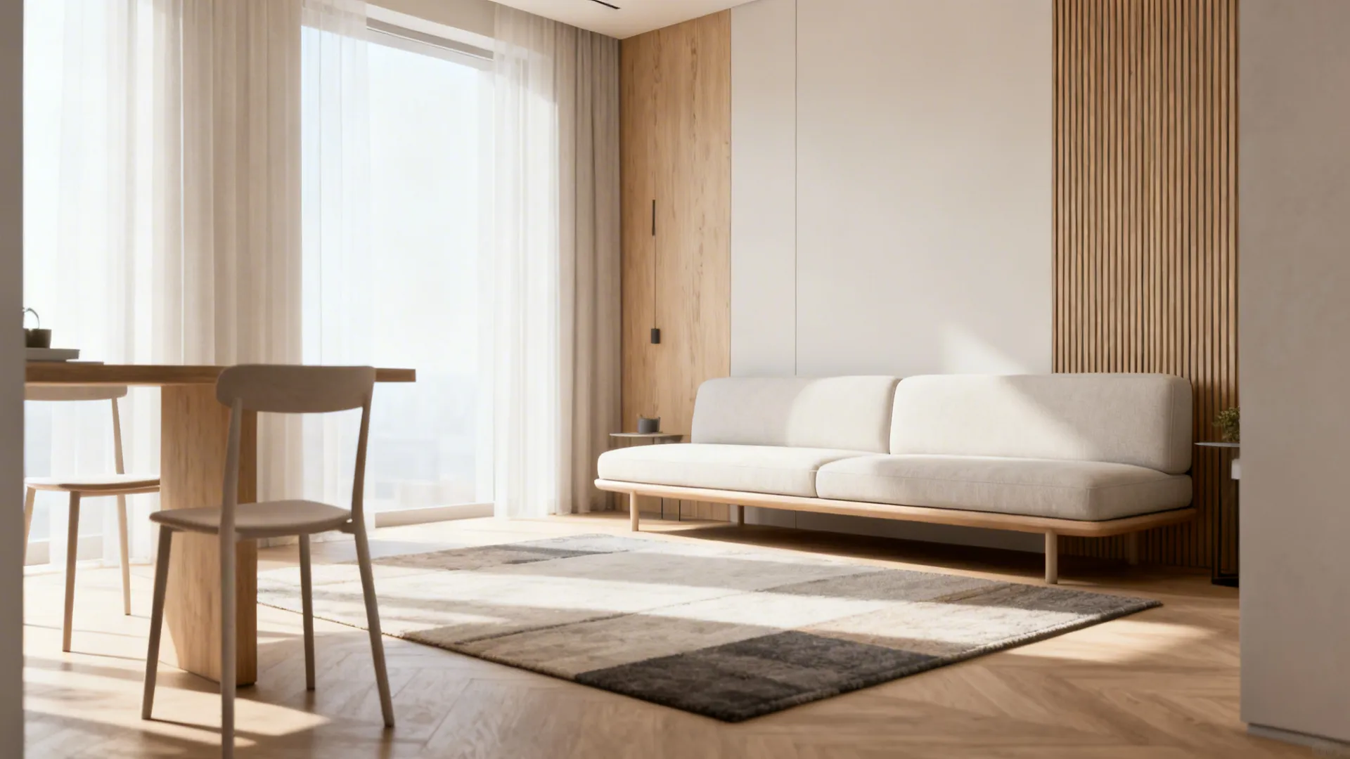 Compact living room with armless sofa and slim-profile chairs to maximize visual space.