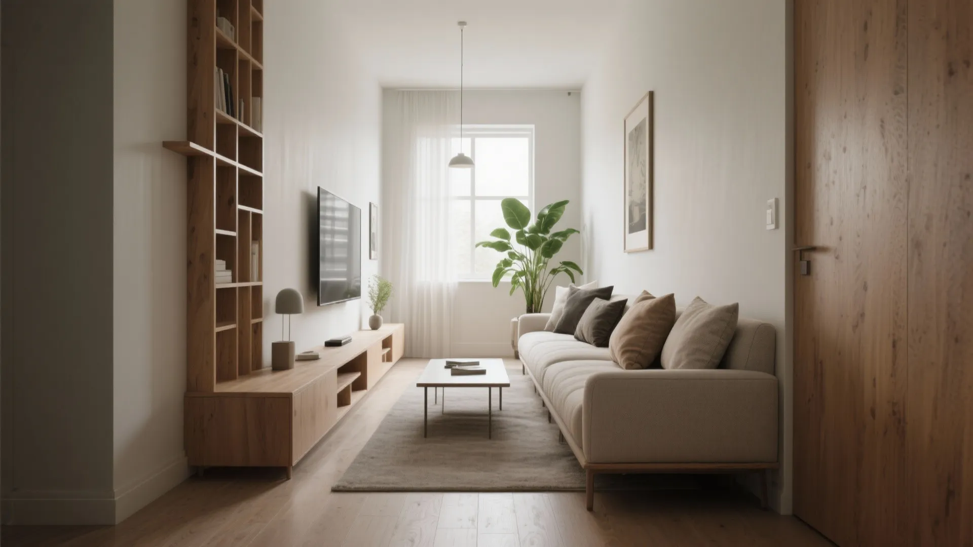 Modern narrow living room with beige sofa wood tv stand tall bookshelf and natural light
