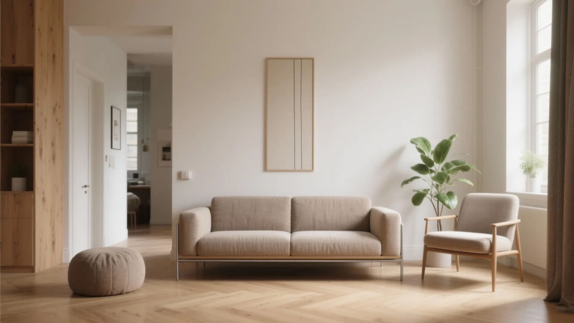 Slim armless sofa in a compact living room with open sightlines, pouf, and light wood floor.