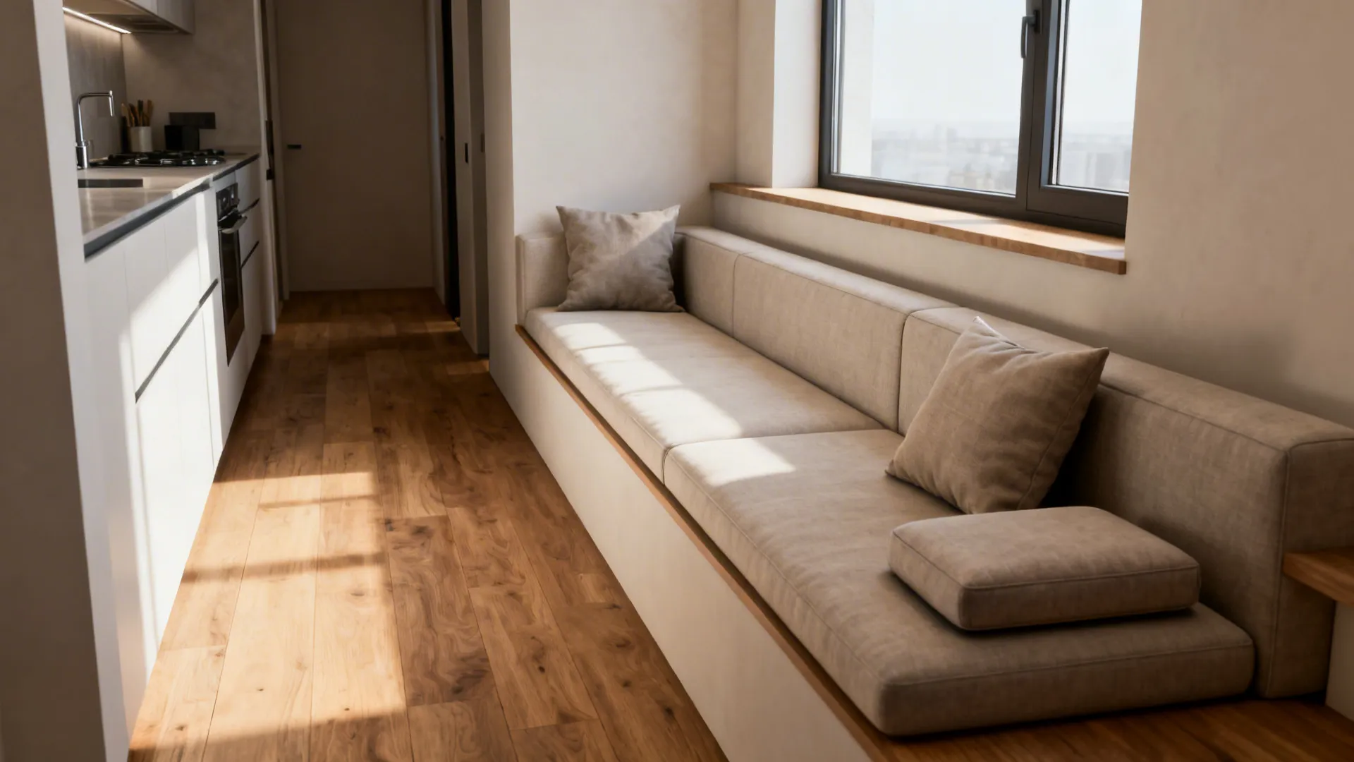 Narrow loft with a slim armless sofa and clear walkway to a window seat.