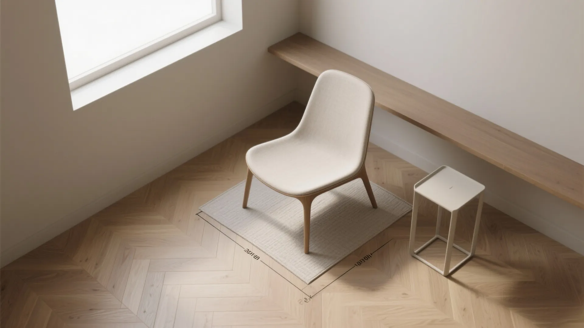 Modern cream chair on rug with side table and wood flooring near a bright window