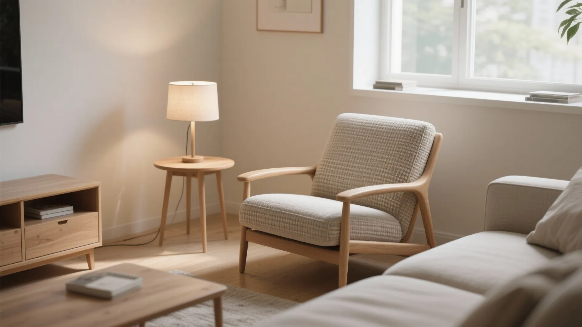 Cozy living room featuring a wooden chair with slim arms small table lamp and cabinet