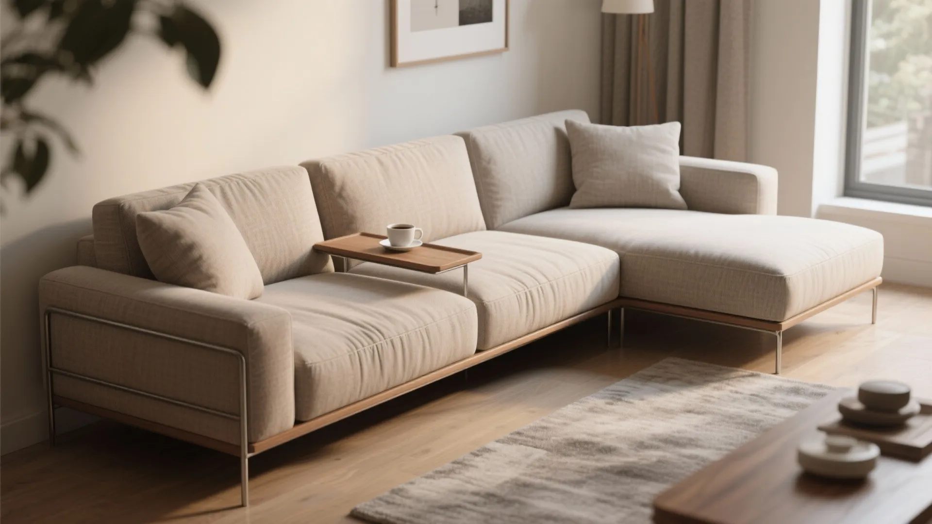 Modern beige sofa with thin metal legs and small wooden tray table holding coffee cup