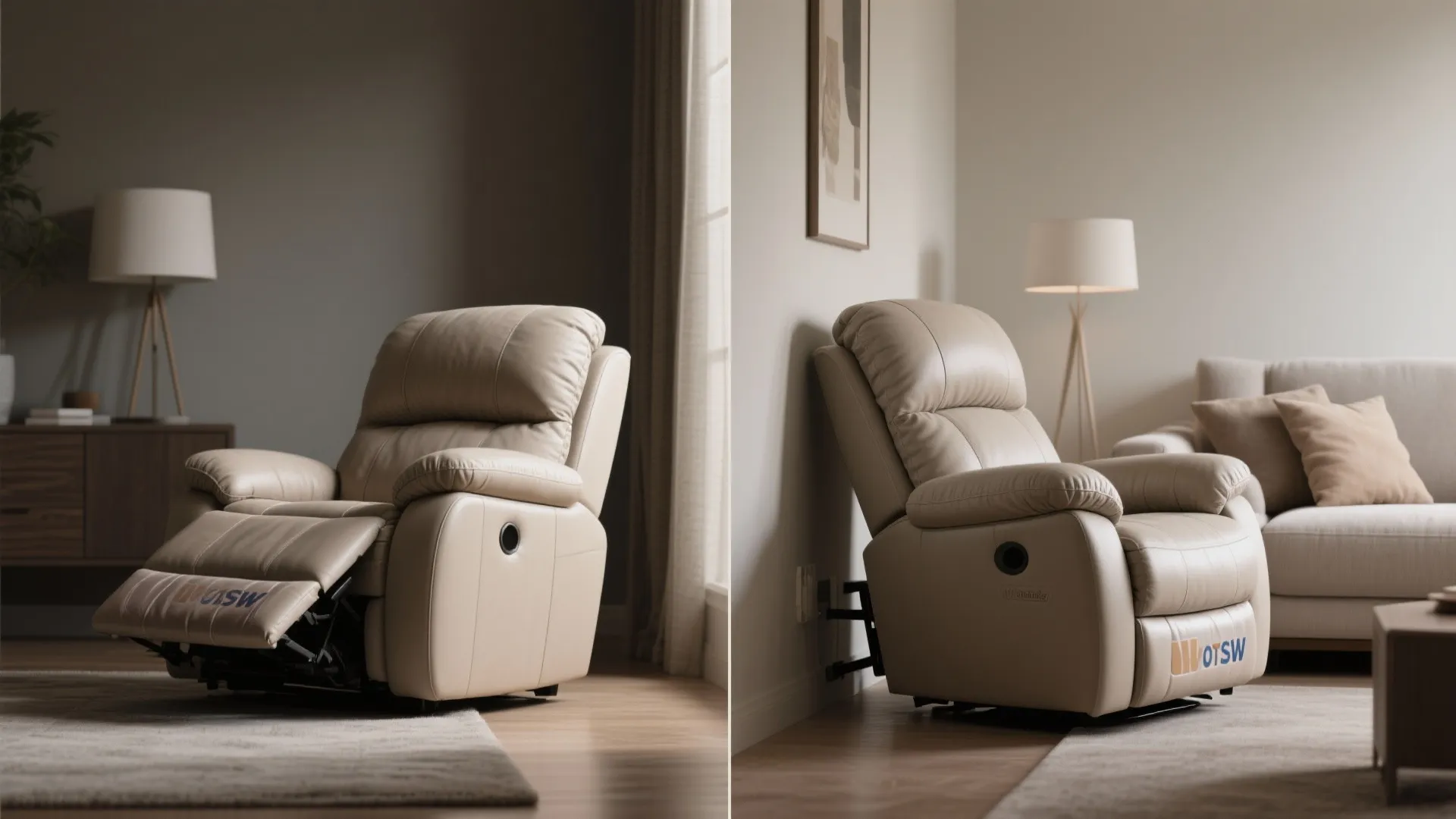 Side by side comparison of two beige leather recliner chairs in a modern living room