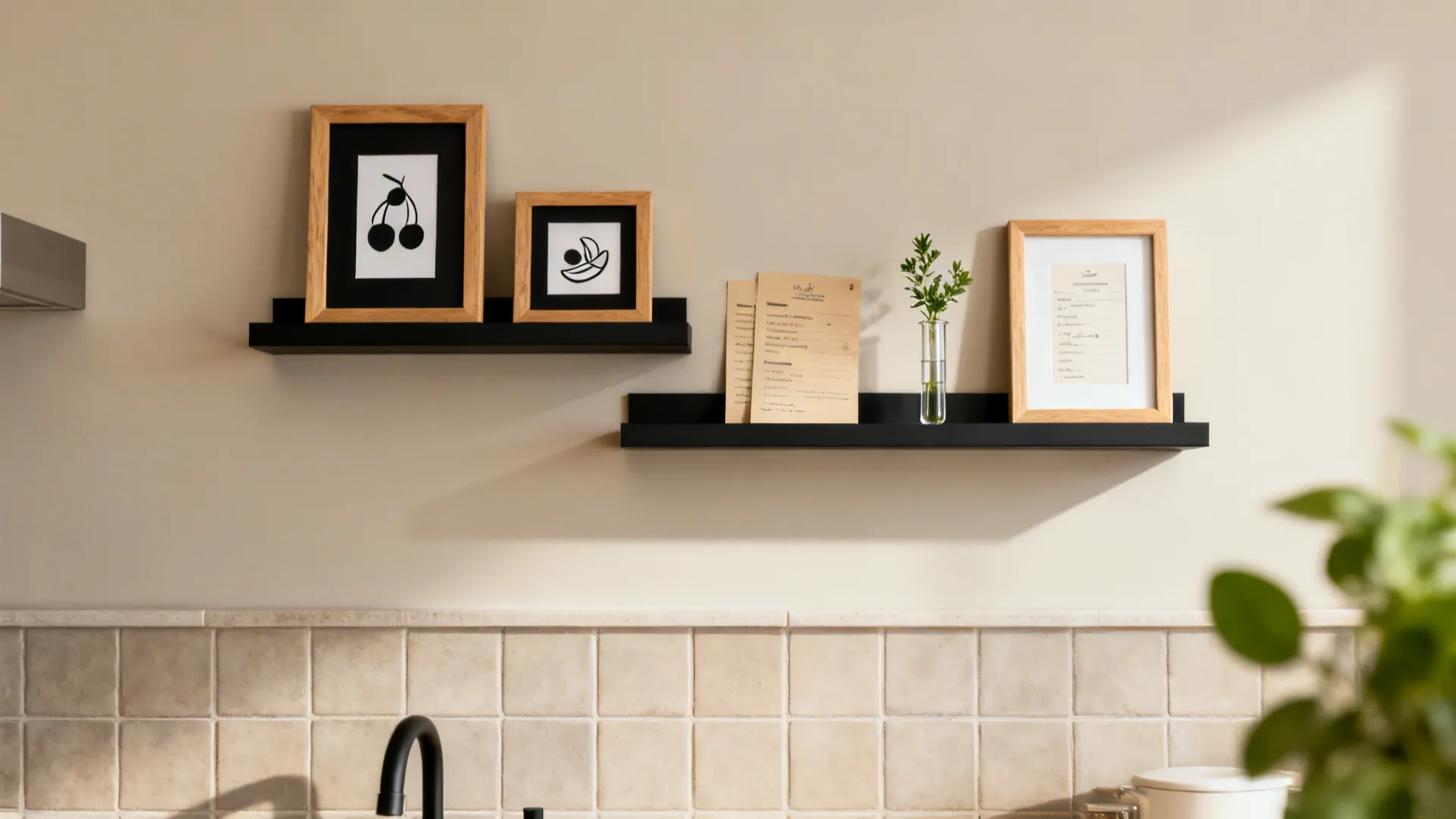 Narrow art ledges above a small kitchen backsplash with prints and a tiny herb clipping in soft light.