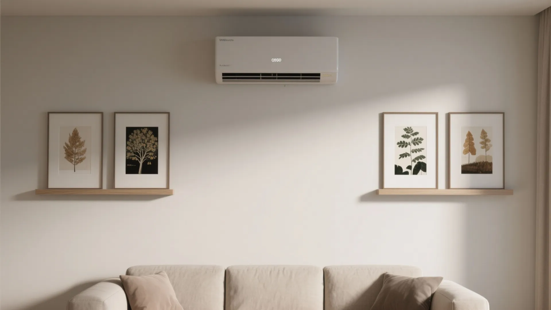 Minimalist living room wall with air conditioner above sofa and four framed tree art prints