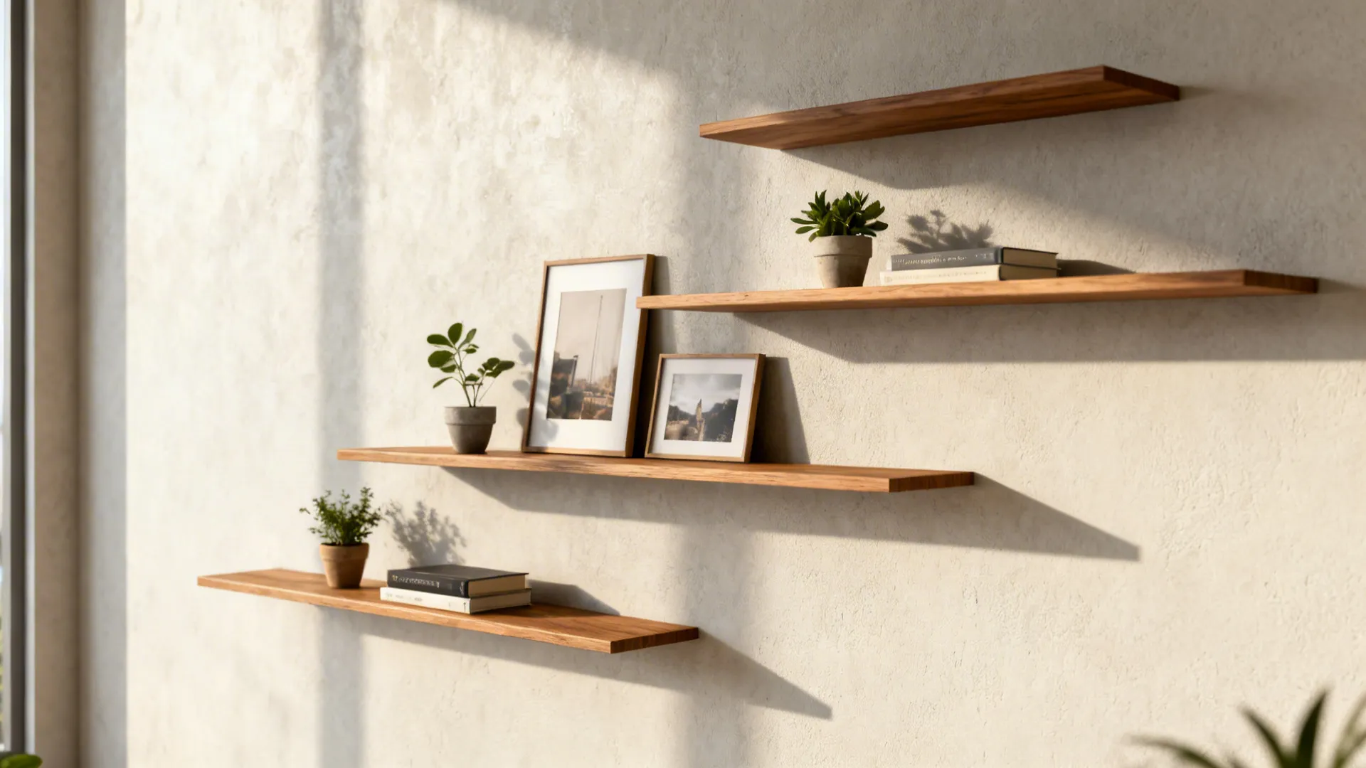 Asymmetrically staggered slim floating shelves with plants and books on a light wall