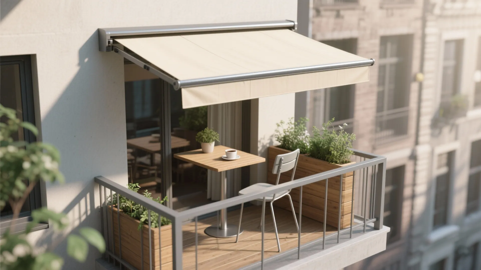 Awning design for balcony featuring a slim retractable cassette on a tiny urban space.