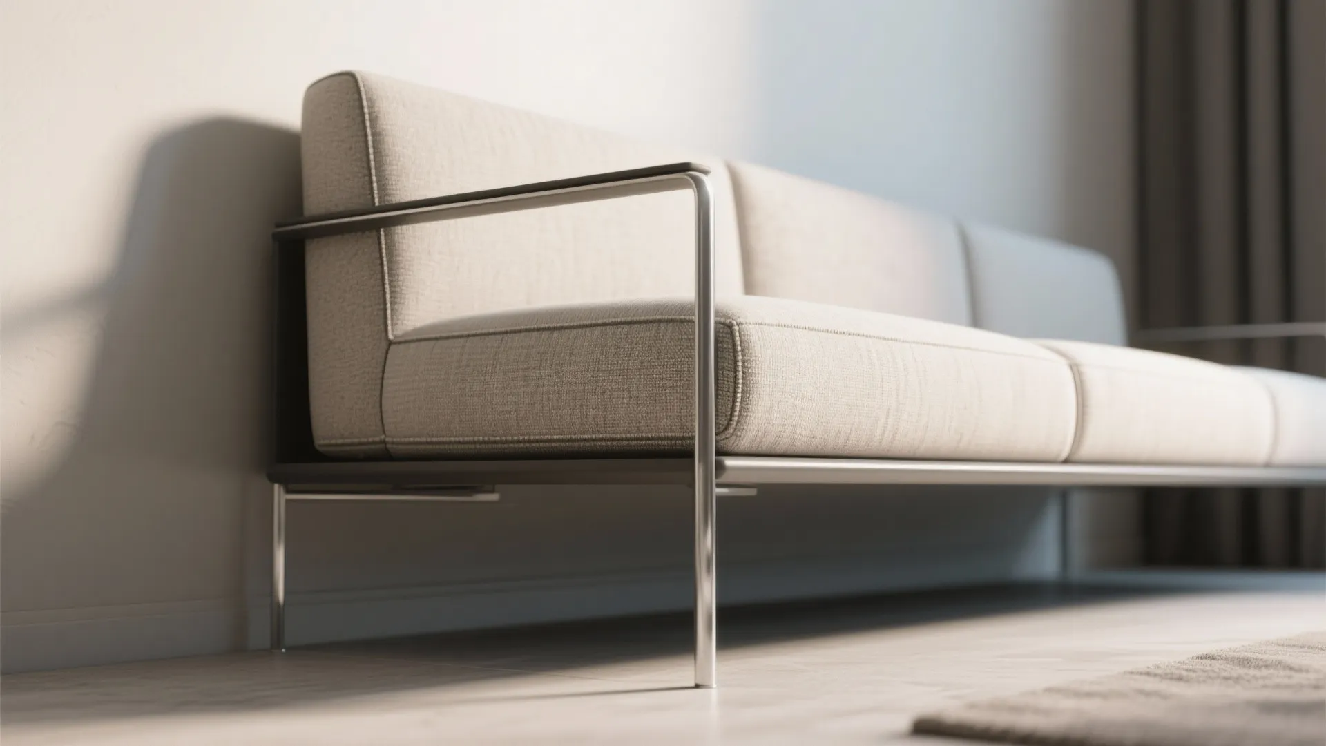 Modern beige sofa with thin metal frame and legs standing against a white wall with light