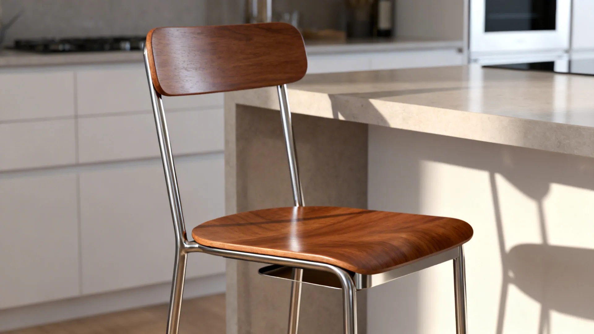 Low-backed slim-profile bar stool with metal frame and wood seat at a kitchen island.
