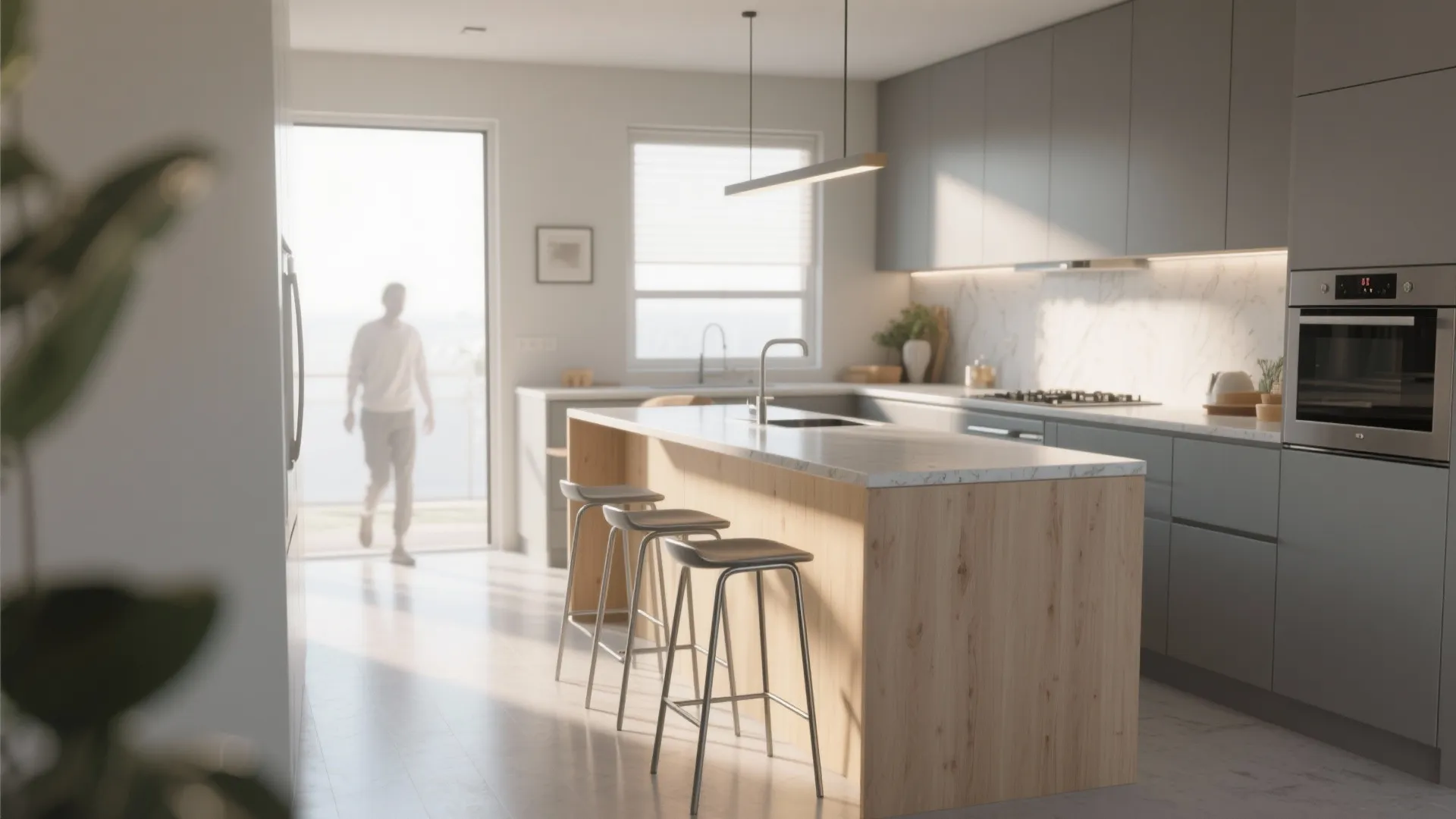 Modern kitchen with wooden island slim backless stools grey cabinets and a man walking toward balcony