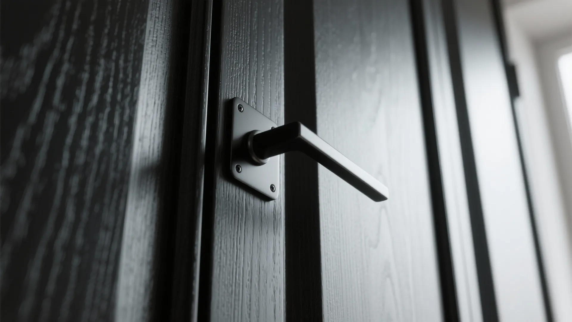 Slim black backplate behind cabinet hardware on a tall pantry door adding scale