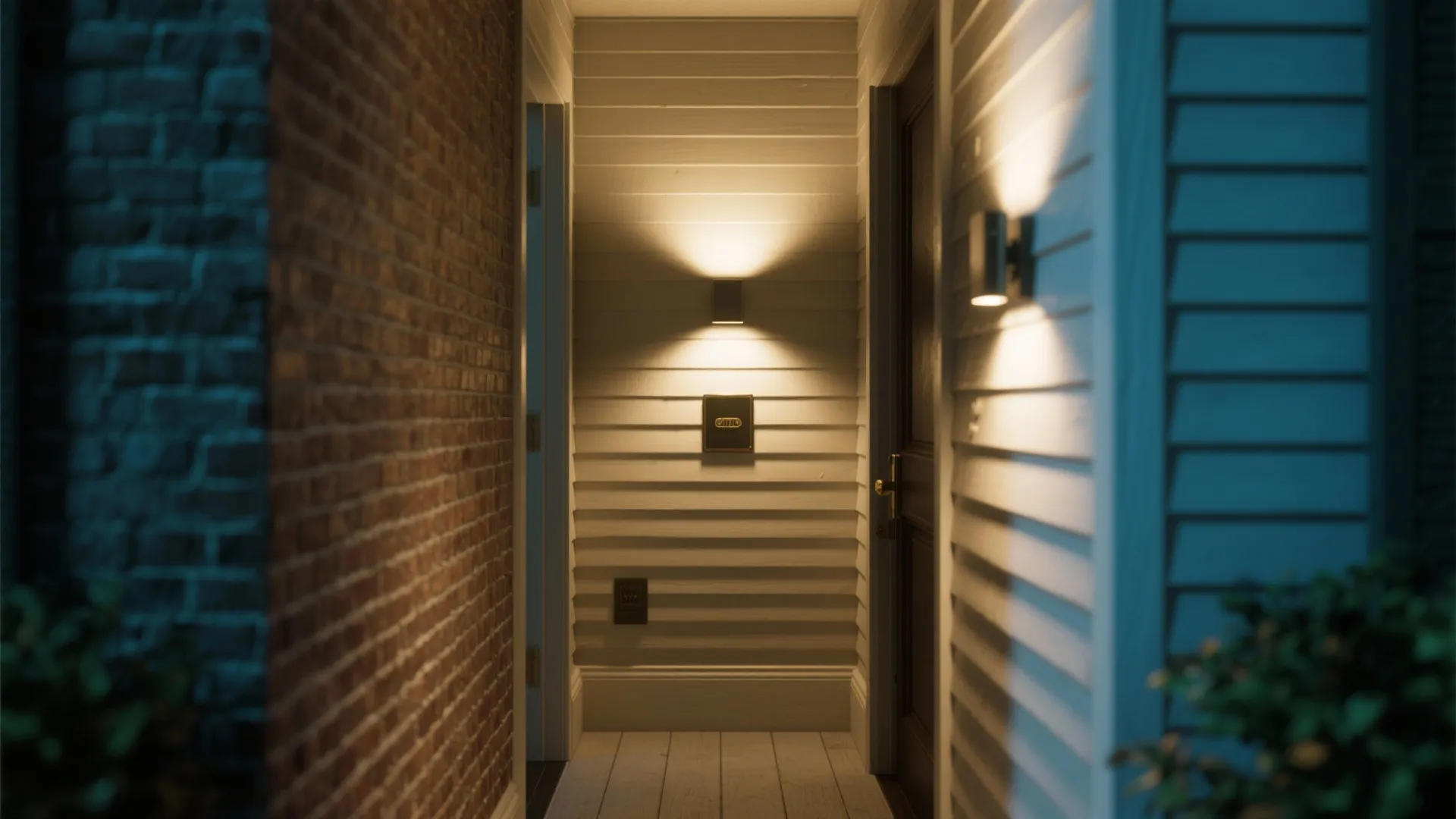 Narrow porch with a slim backplate sconce casting focused warm light along the walkway