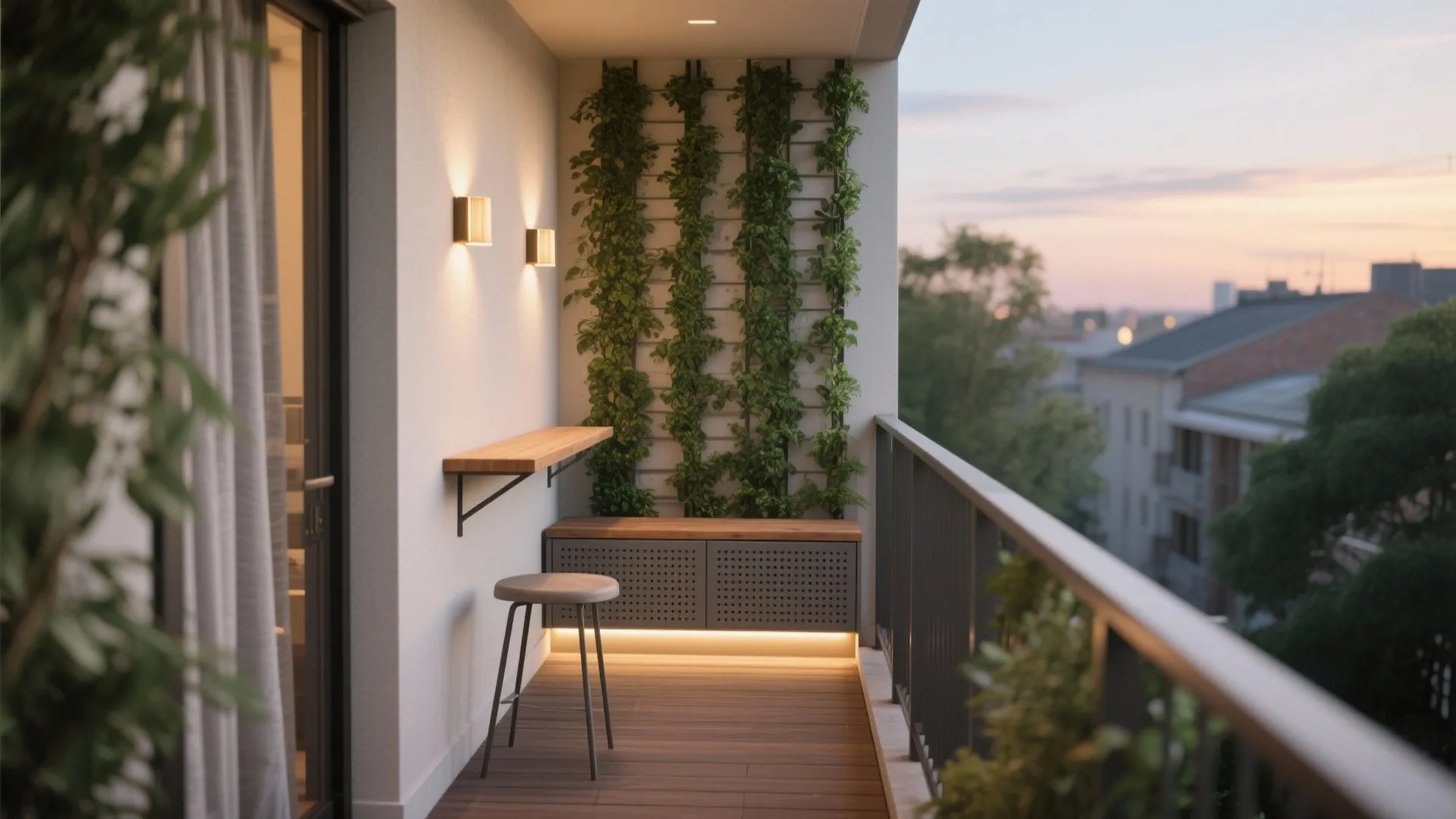 Modern narrow balcony with wooden floor wall lights green plants small table stool and sunset