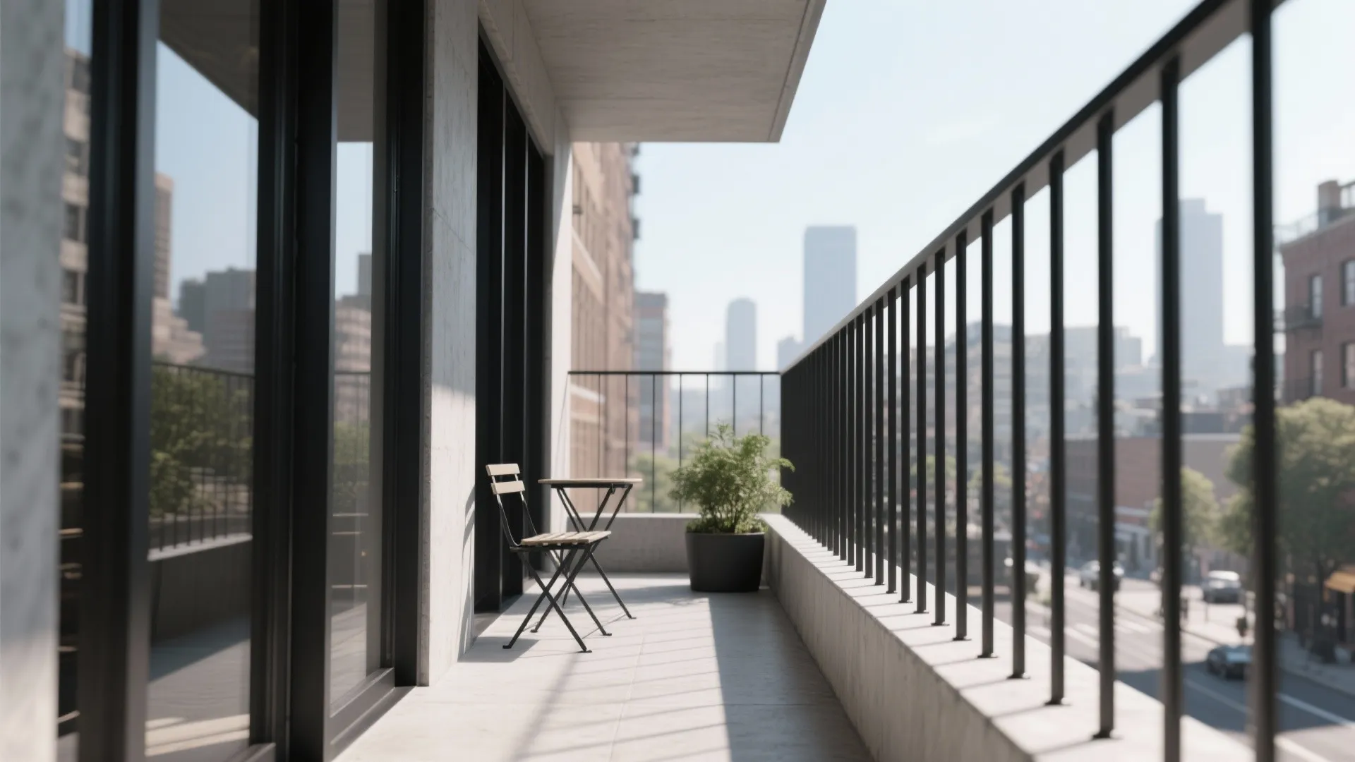Narrow balcony with vertical black metal railing, small folding chair, table and potted green plant