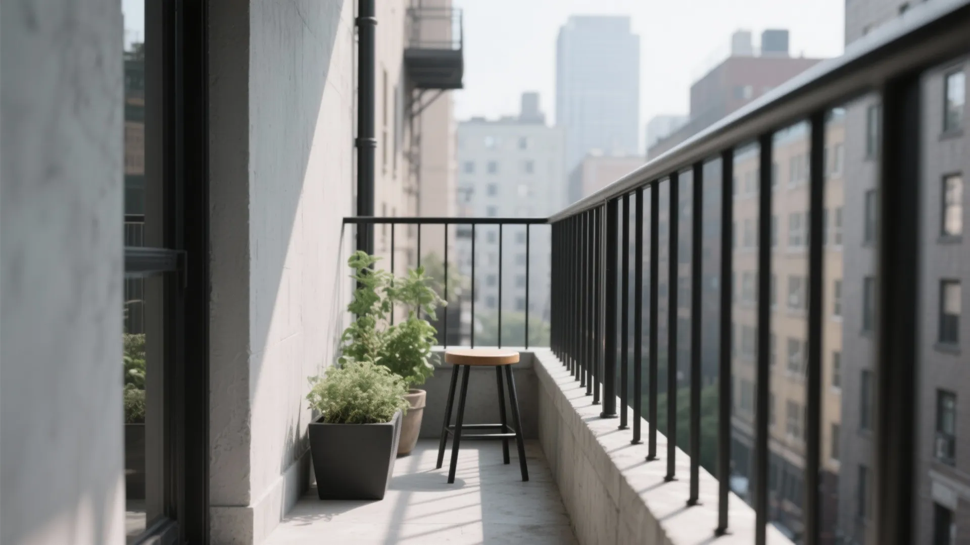 Narrow apartment balcony featuring black metal railing wooden stool green potted plants and urban buildings