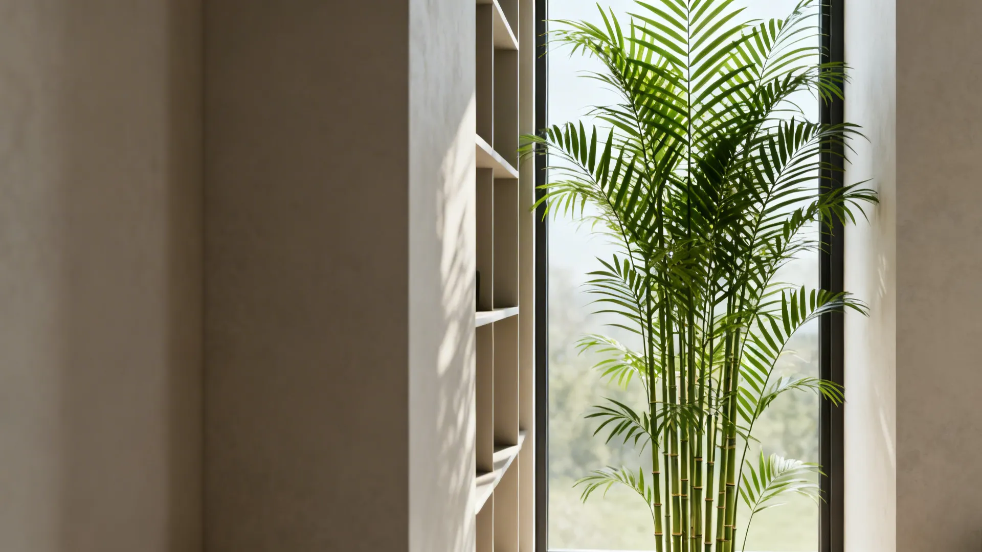 Green bamboo plant standing near modern wall shelf with sunlight coming through a large window