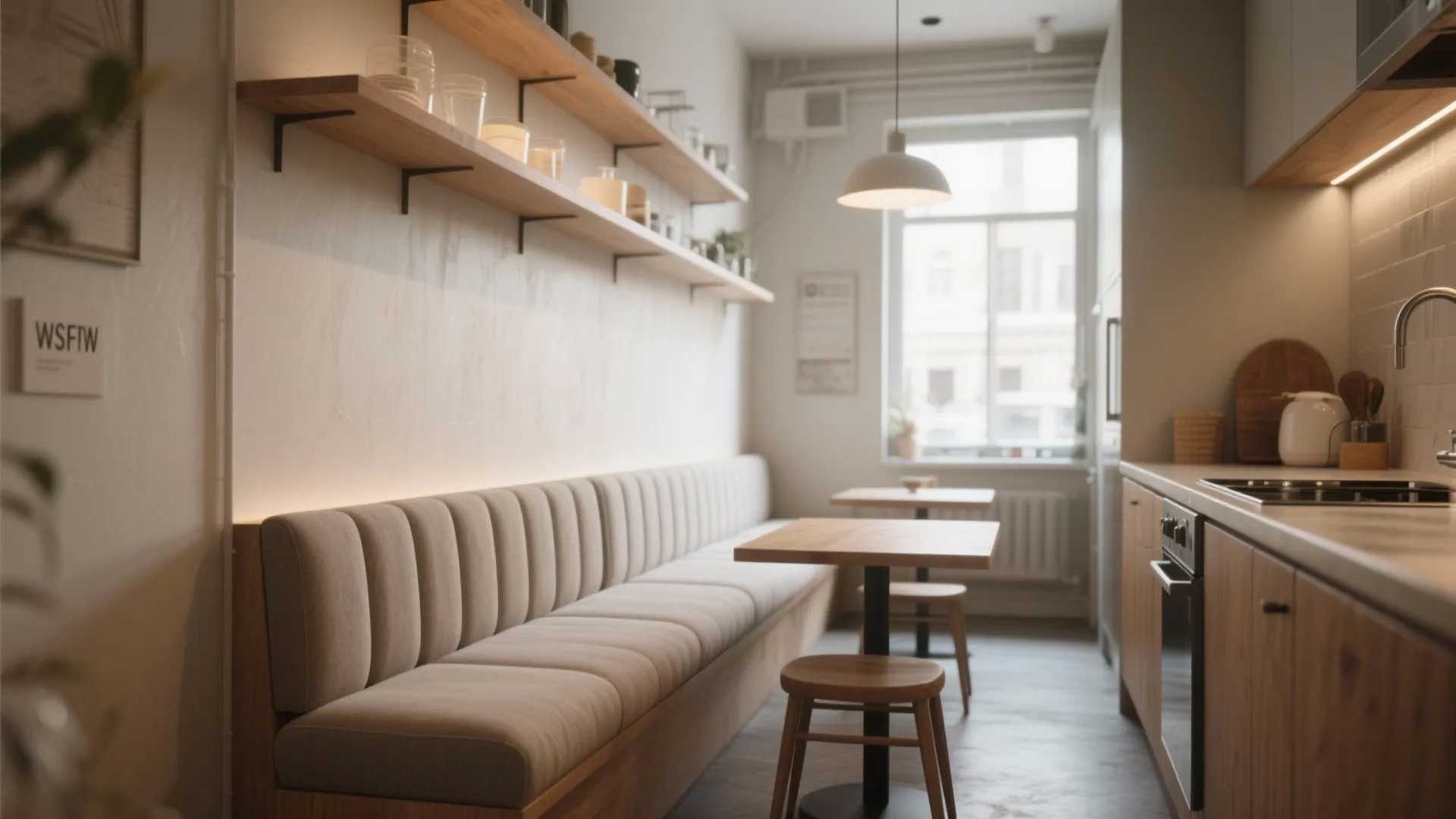 Long cushioned sofa with wooden shelves above next to dining tables in a modern kitchen