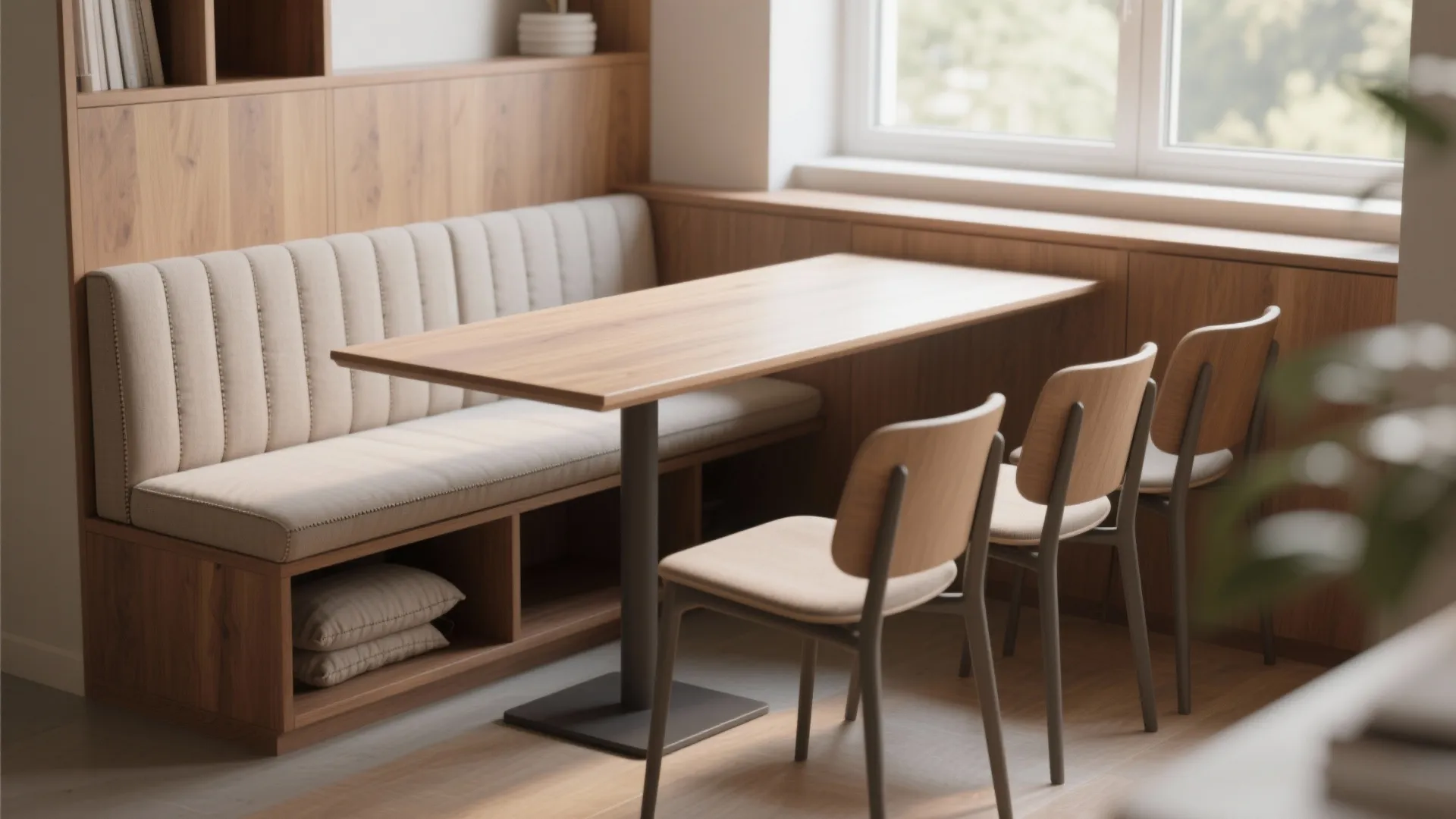 3. Slim banquettes with a narrow table