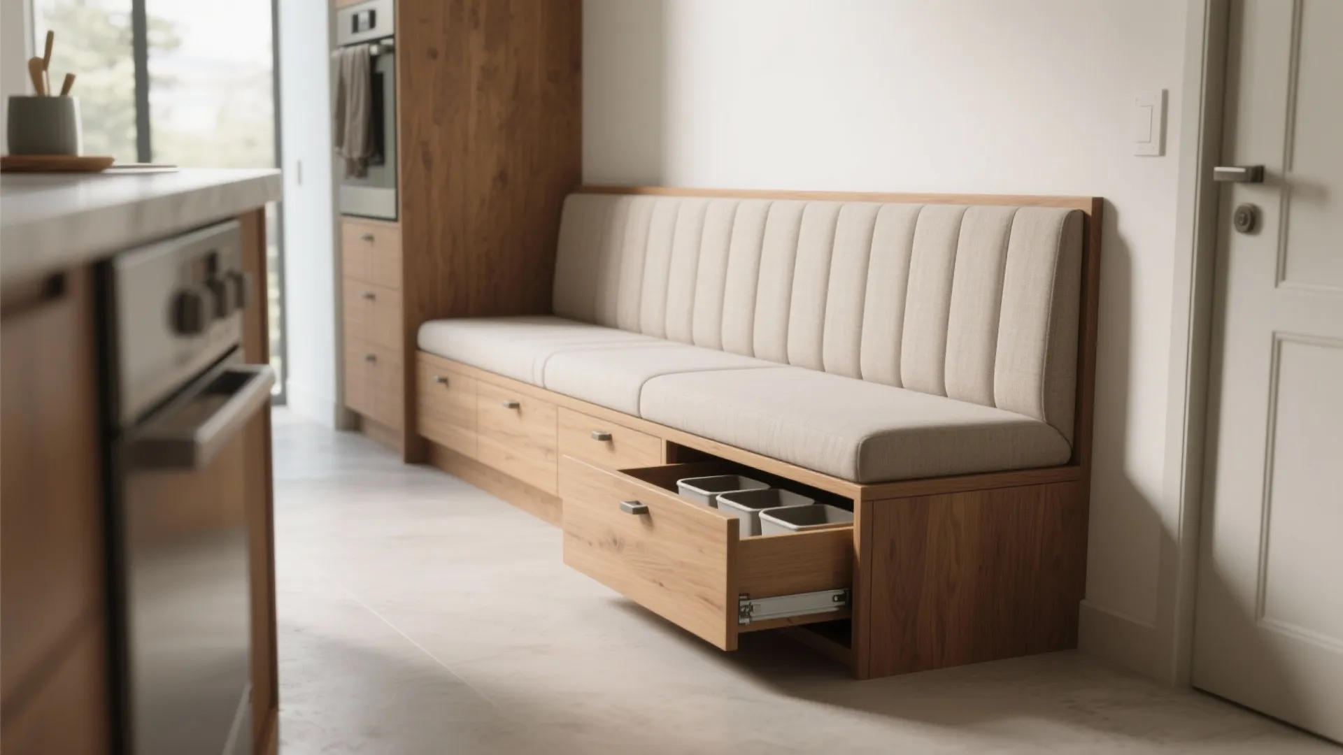 Built-in wood bench with beige cushions and an open storage drawer showing small grey bins