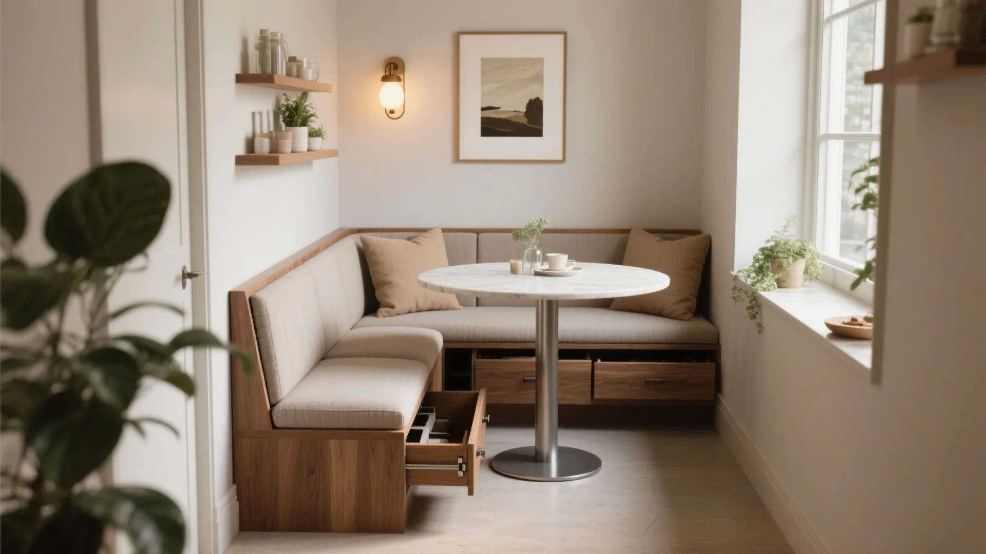 Slim banquette against a wall + pedestal table