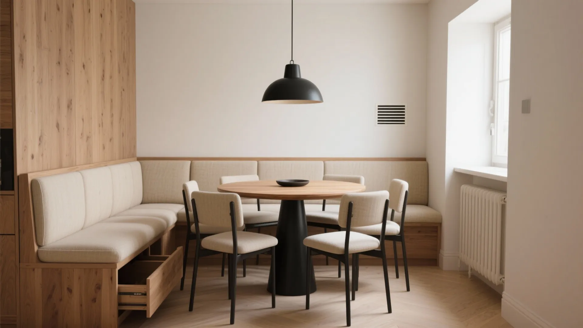 Slim banquette seating with hidden storage