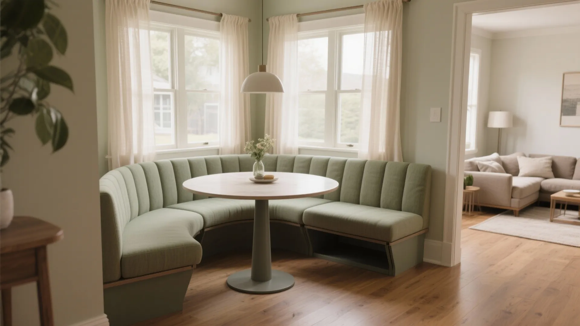 Slim Banquette with a Round Pedestal Table
