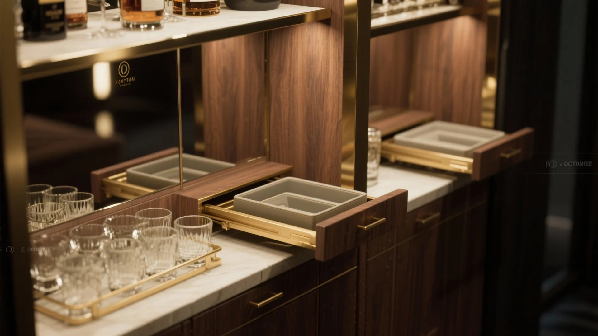 Close-up of a slim bar cabinet interior with mirrored backing and pull-out trays holding glassware