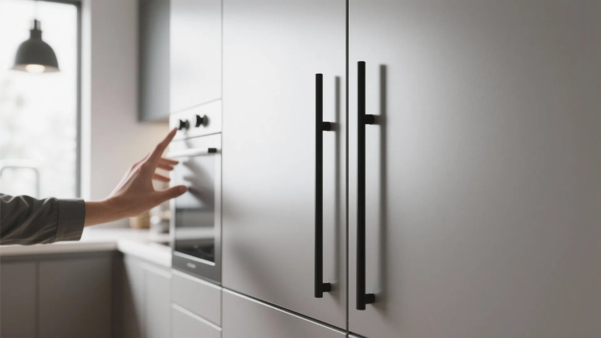Close up of long black cabinet handles with a person touching buttons on a kitchen oven