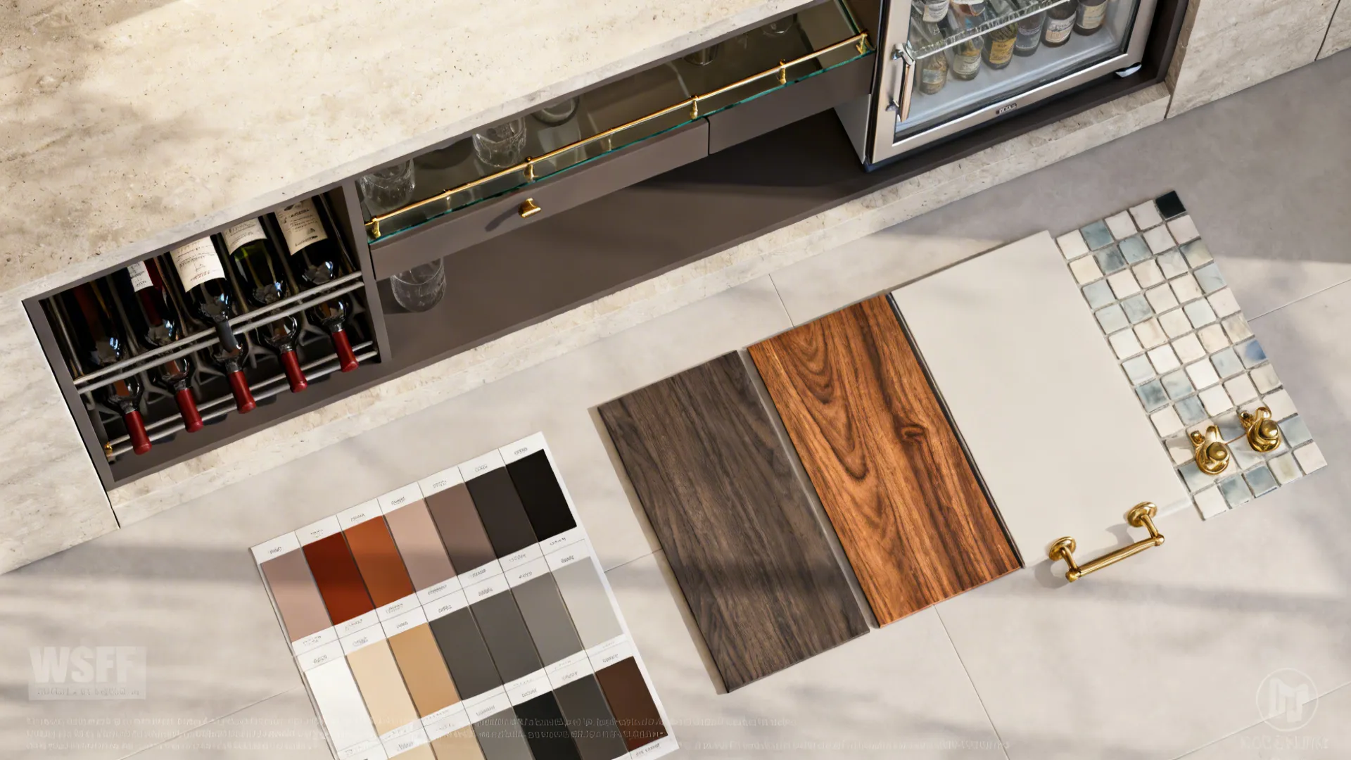 Moodboard flatlay of materials and components for a slim recessed bar niche