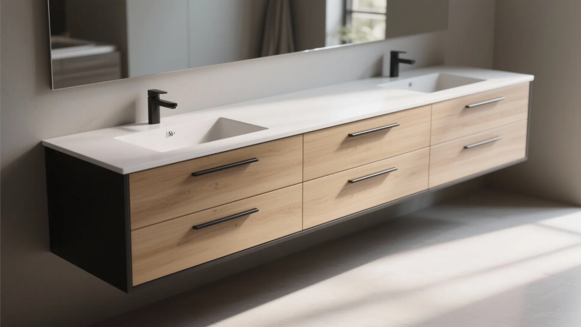 Narrow vanity with slim horizontal bar pulls making drawers appear wider