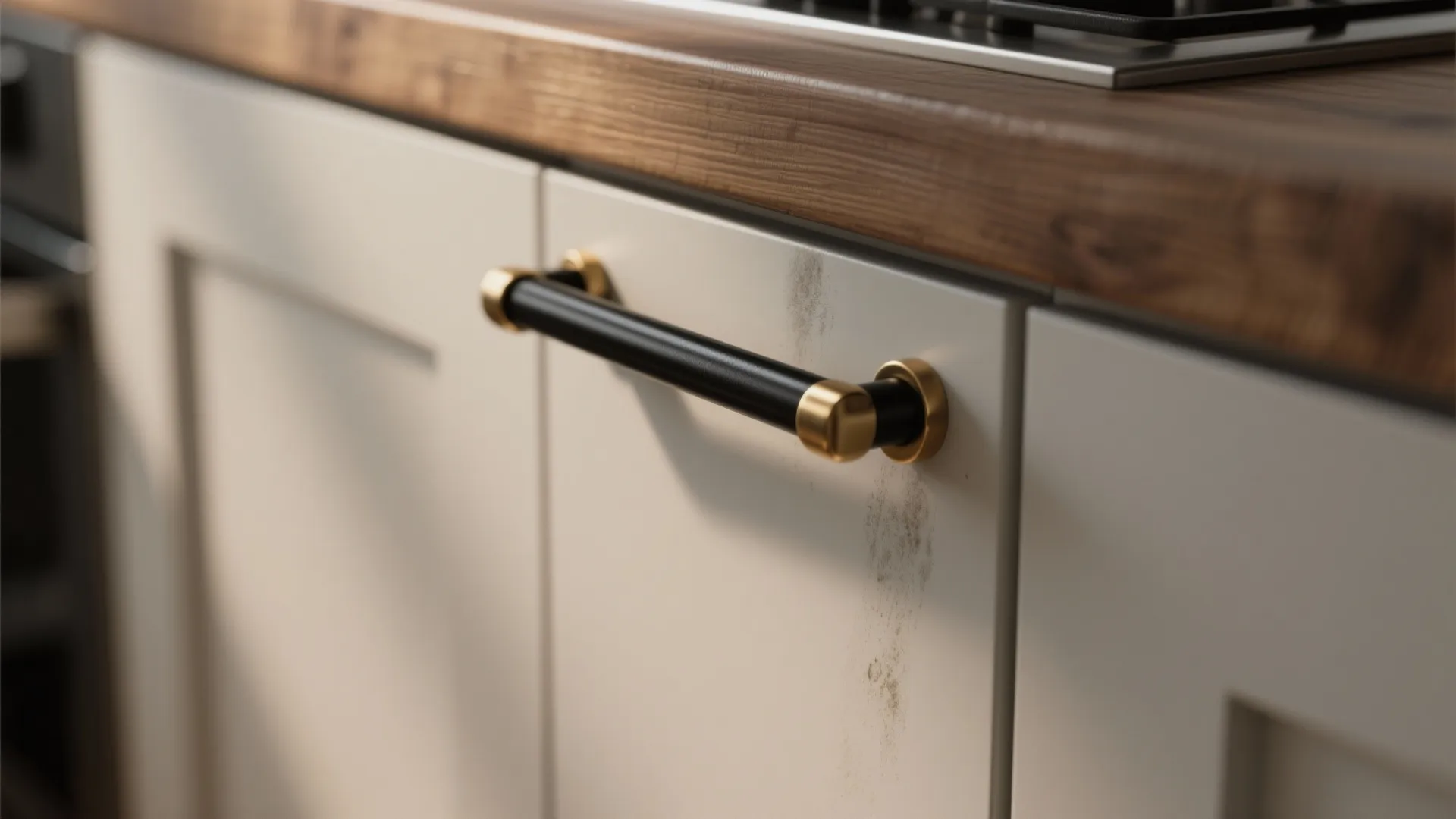 Close-up of slim matte-black and satin brass bar pulls on flat-front kitchen cabinets.