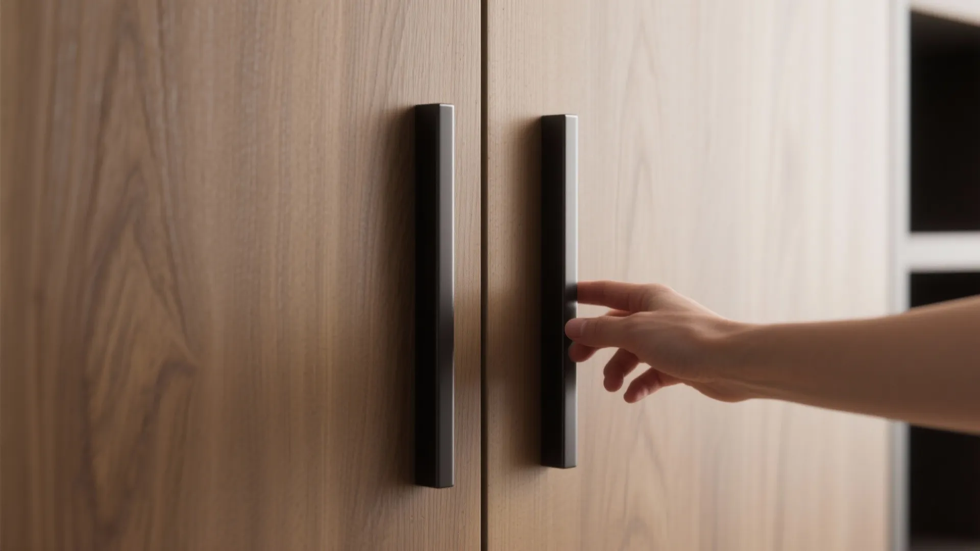 A hand reaching to open wood cabinet doors with long black metal handles in kitchen