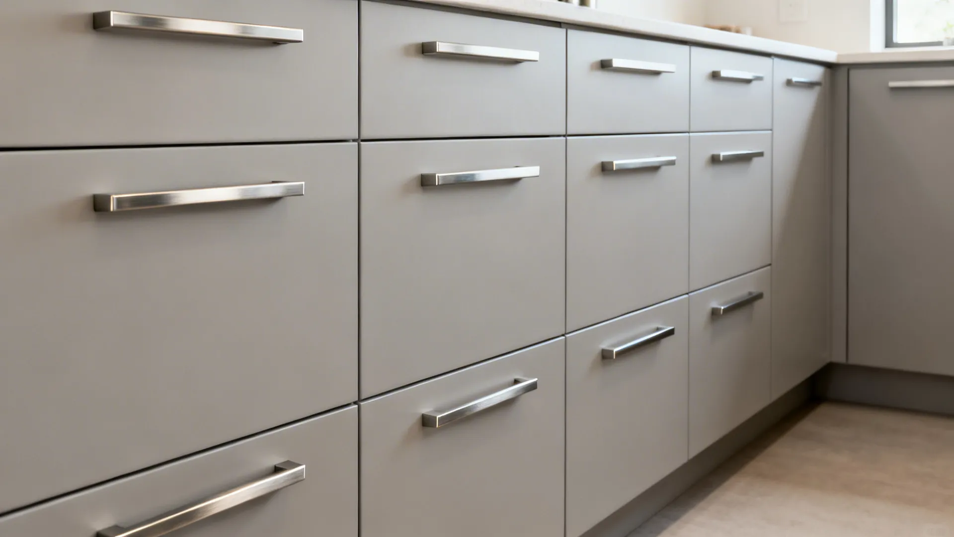 Slim brushed metal bar pulls on matte gray drawers aligned in a clean grid.