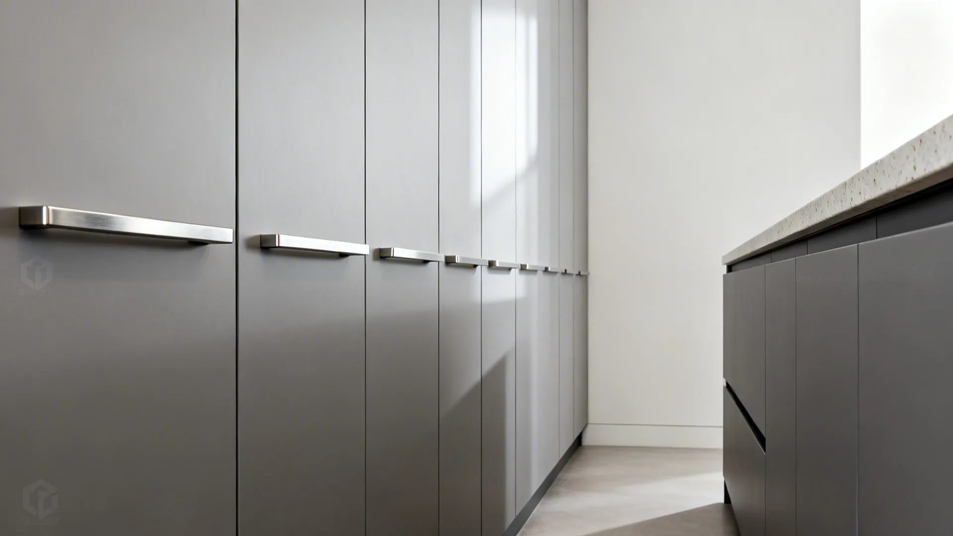 Close-up of slim brushed stainless bar pulls on matte slab cabinet doors in a narrow galley.