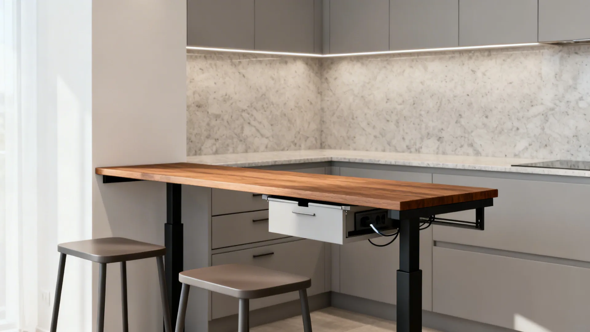 Slim 400 mm breakfast bar with hidden drawer and flip-up power in a compact galley kitchen.