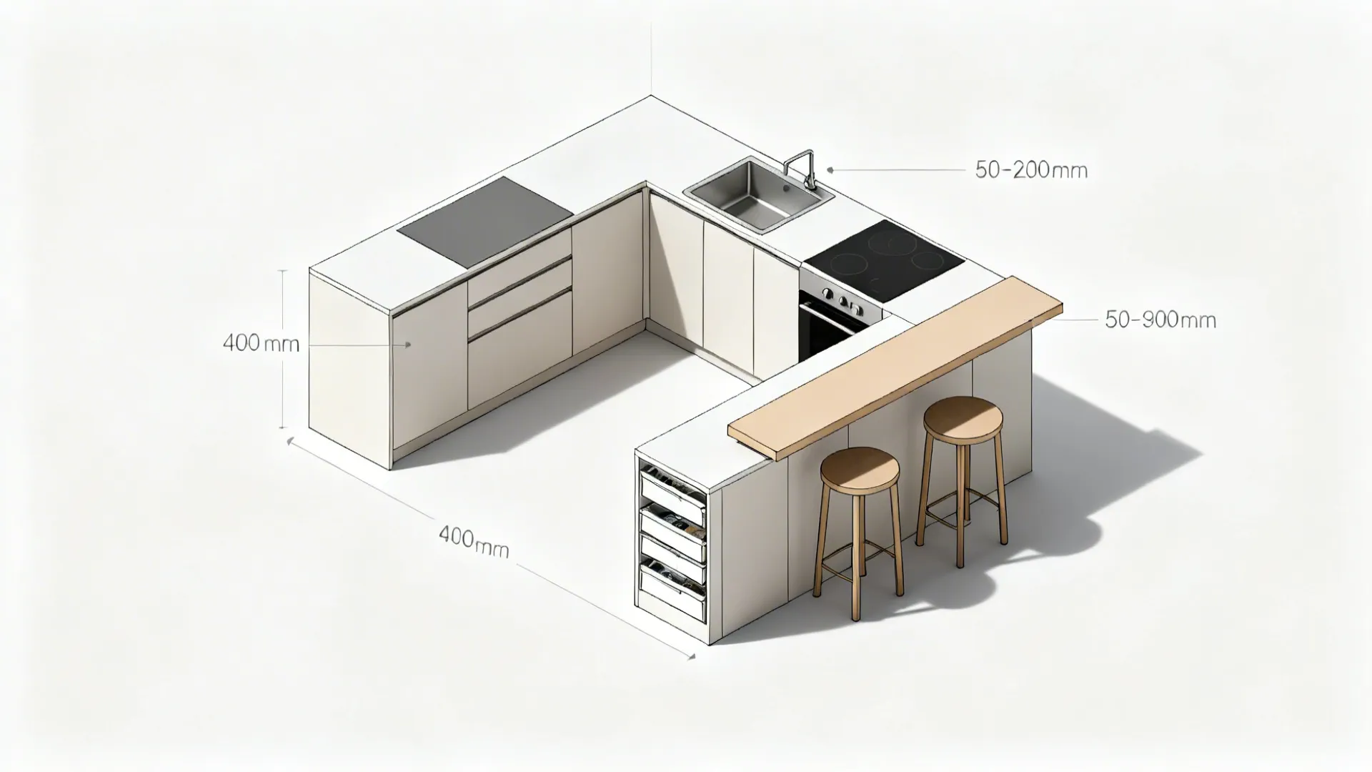 Top-down view of a slim breakfast bar layout with stool overhang and shallow storage in a tight galley.
