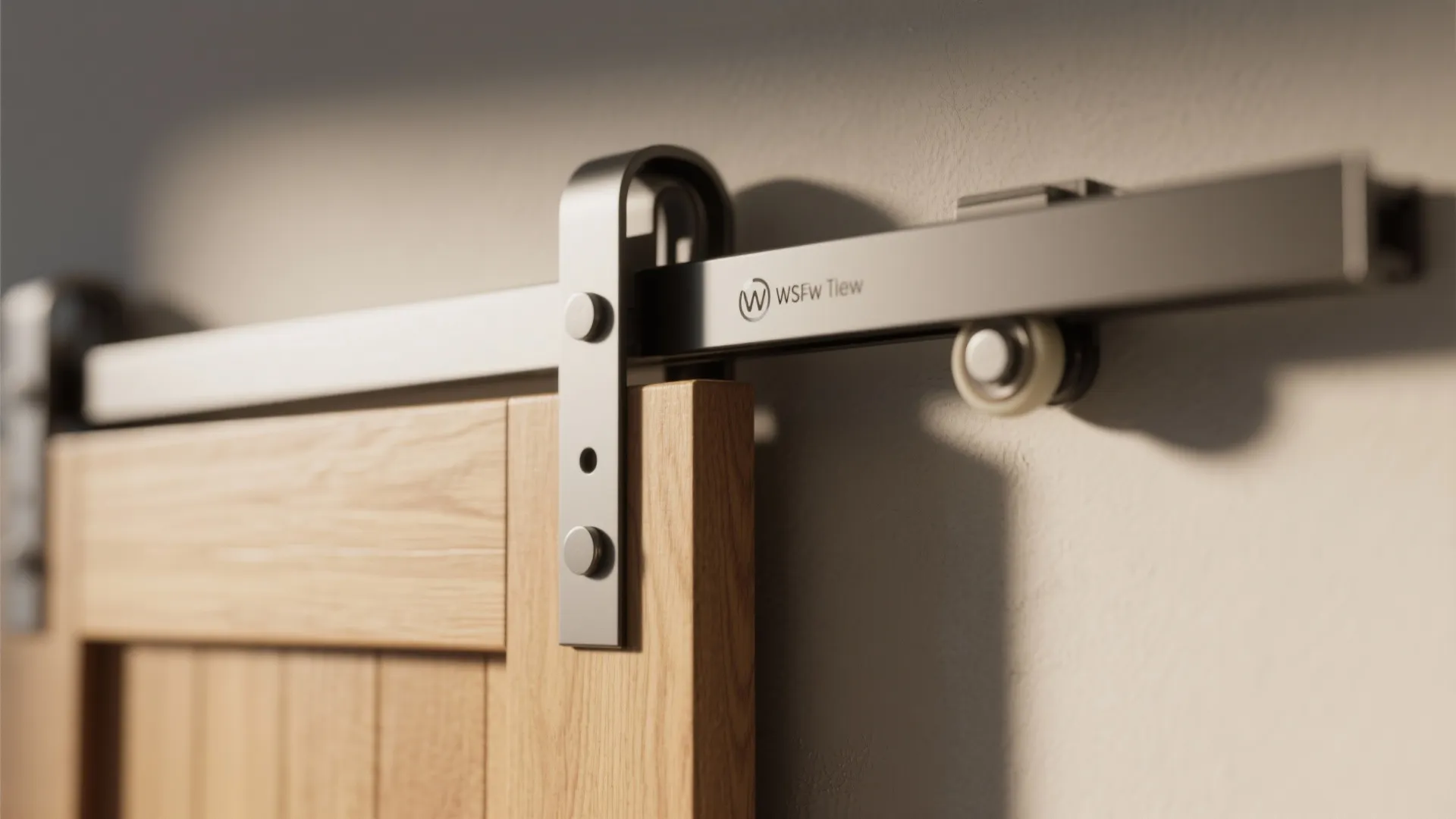 Close-up of a slim aluminum barn door track and lightweight composite door panel.