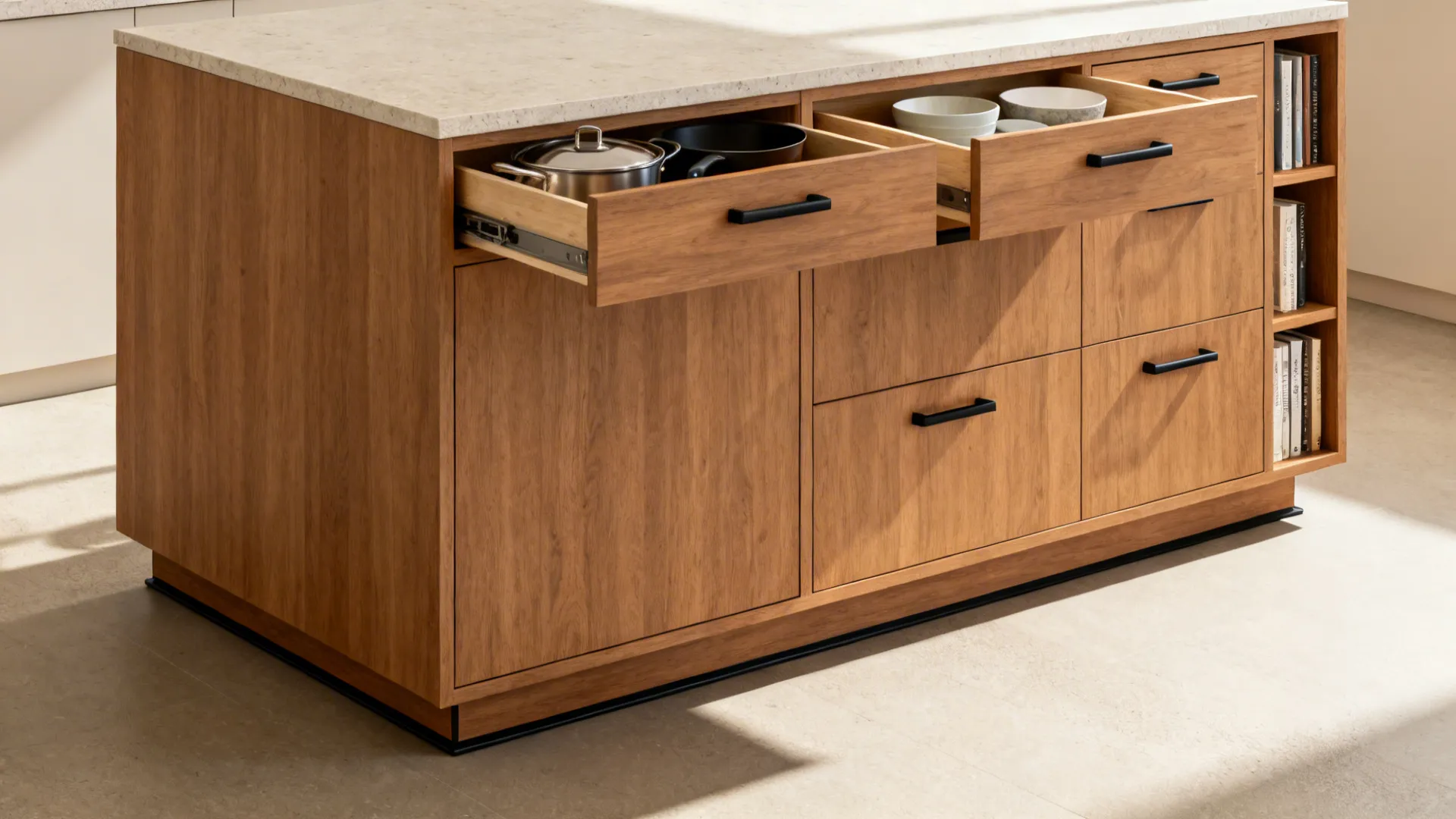 Slim kitchen island with shallow cabinets and deep drawers improving aisle clearance.