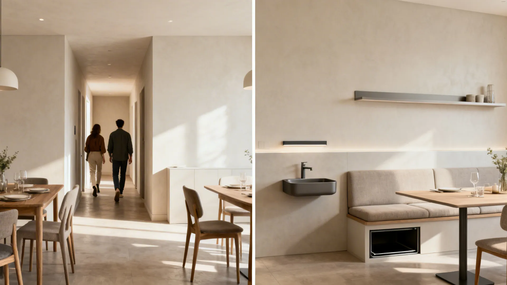 Before-and-after dining nook showing the addition of a slim wall-mounted basin behind the banquette.
