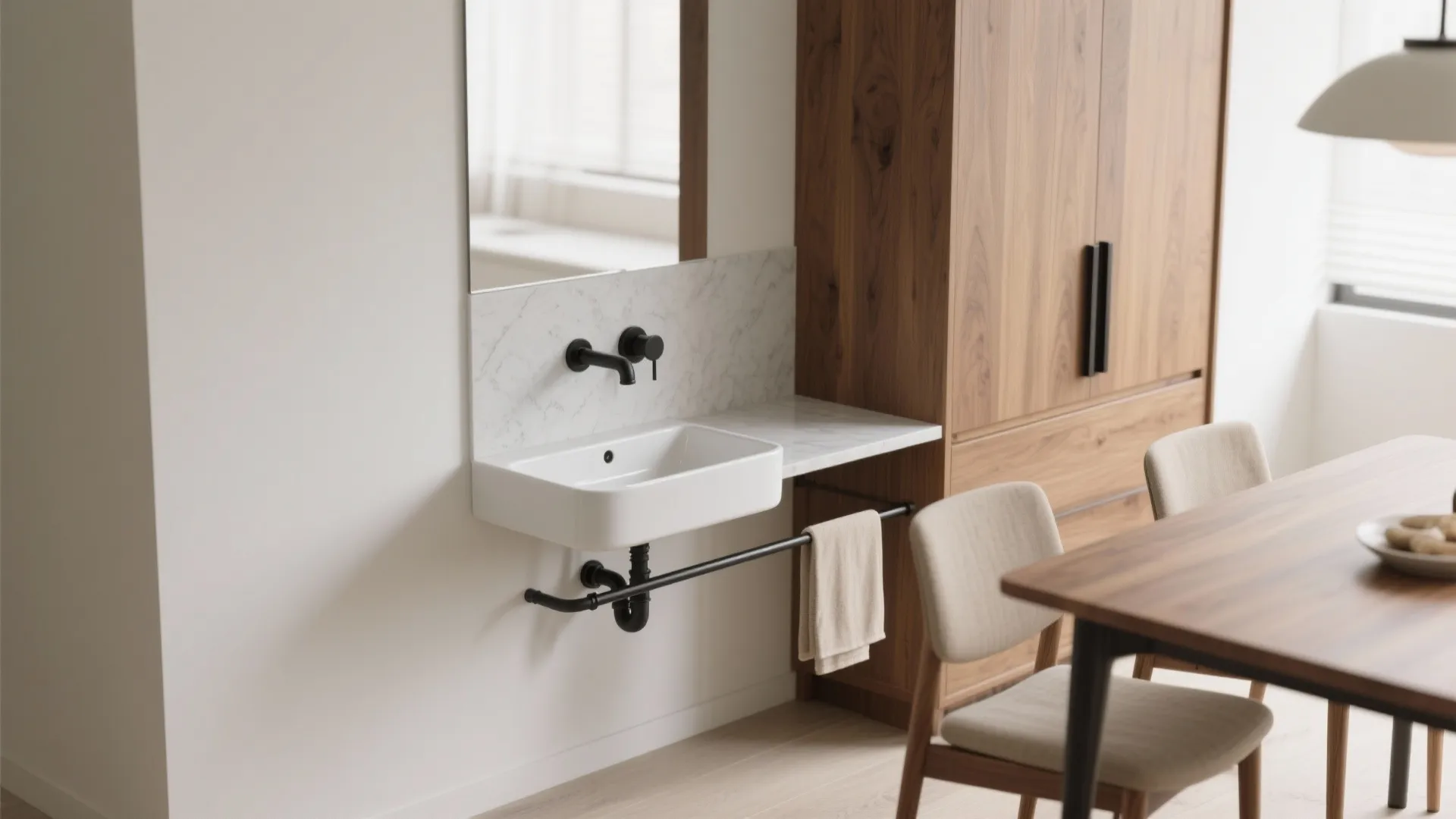 Wall-mounted Slim Basin by the Sideboard