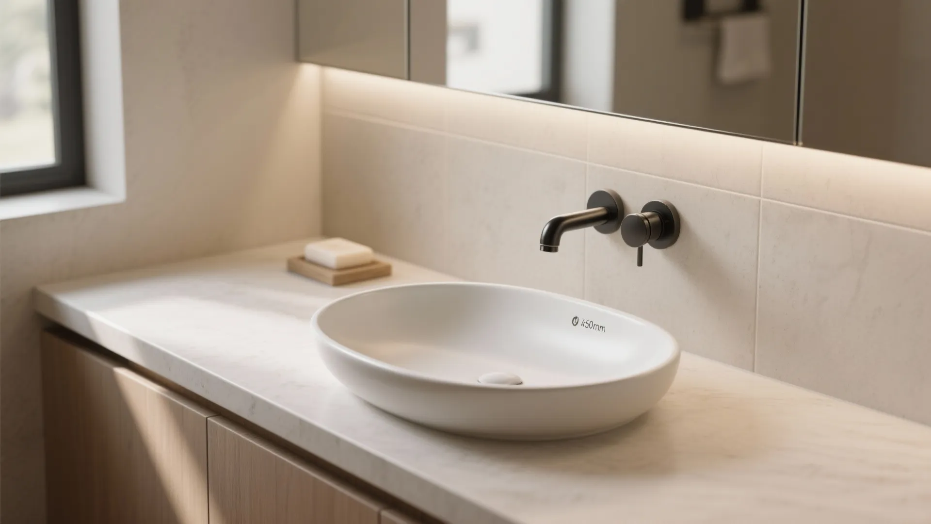 Slim countertop basin with wall-mounted faucet
