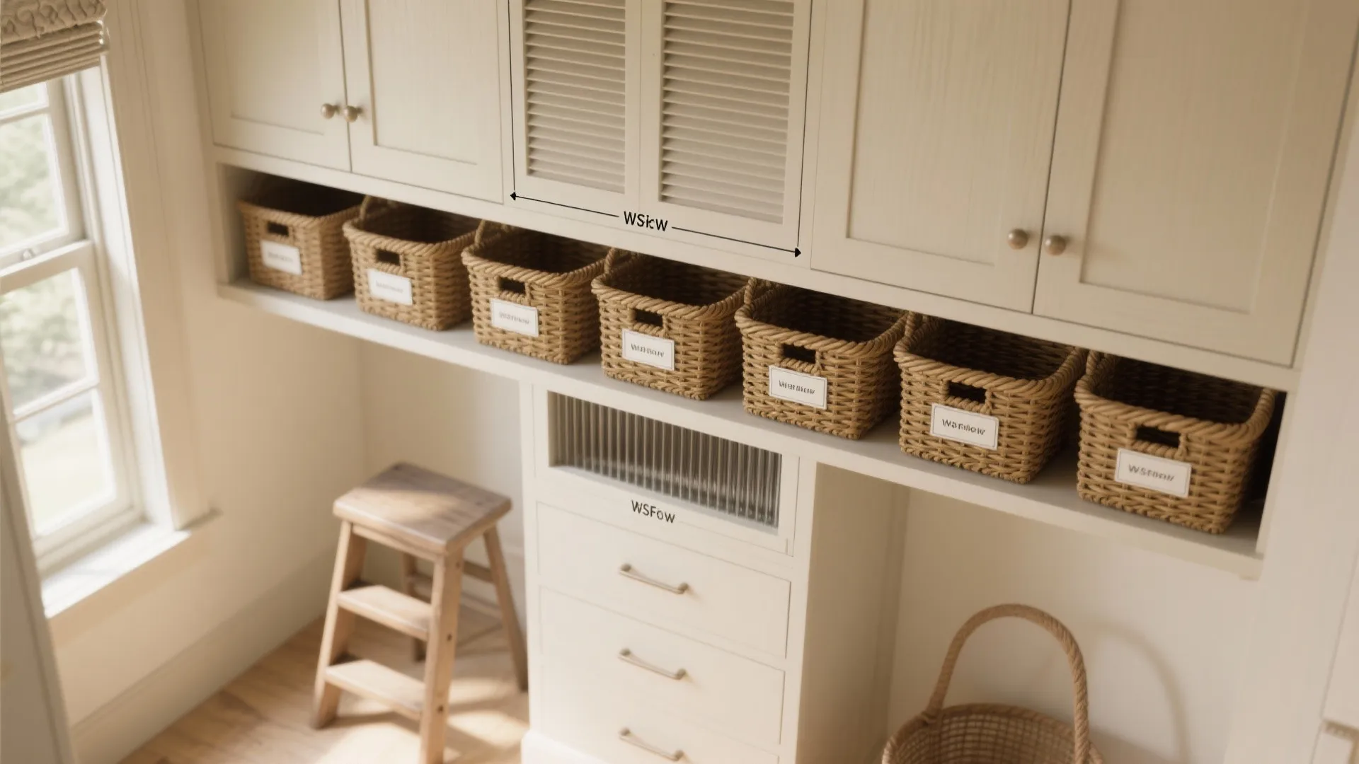 White wall cabinet with woven storage baskets on a shelf above drawers and wooden stool