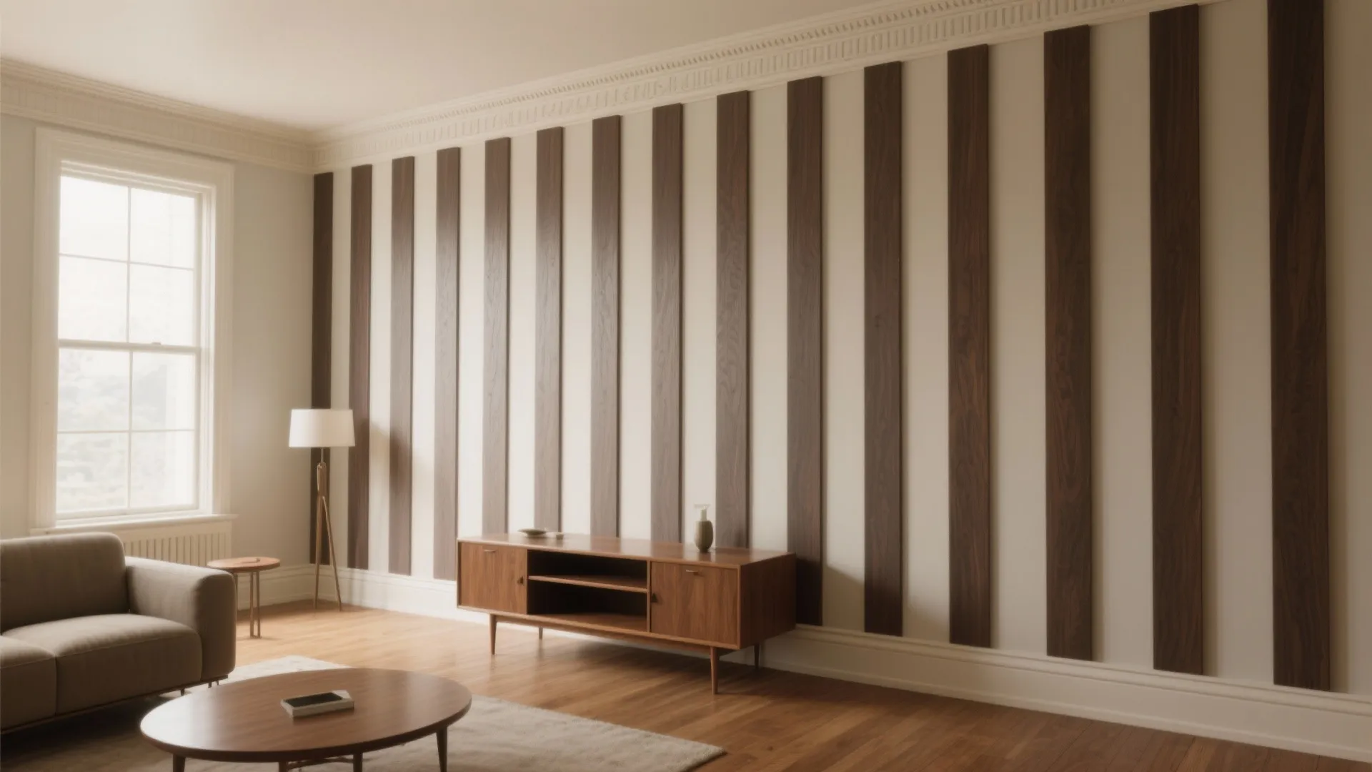 Spacious living room featuring dark vertical wall panel strips with wooden cabinet and round coffee table