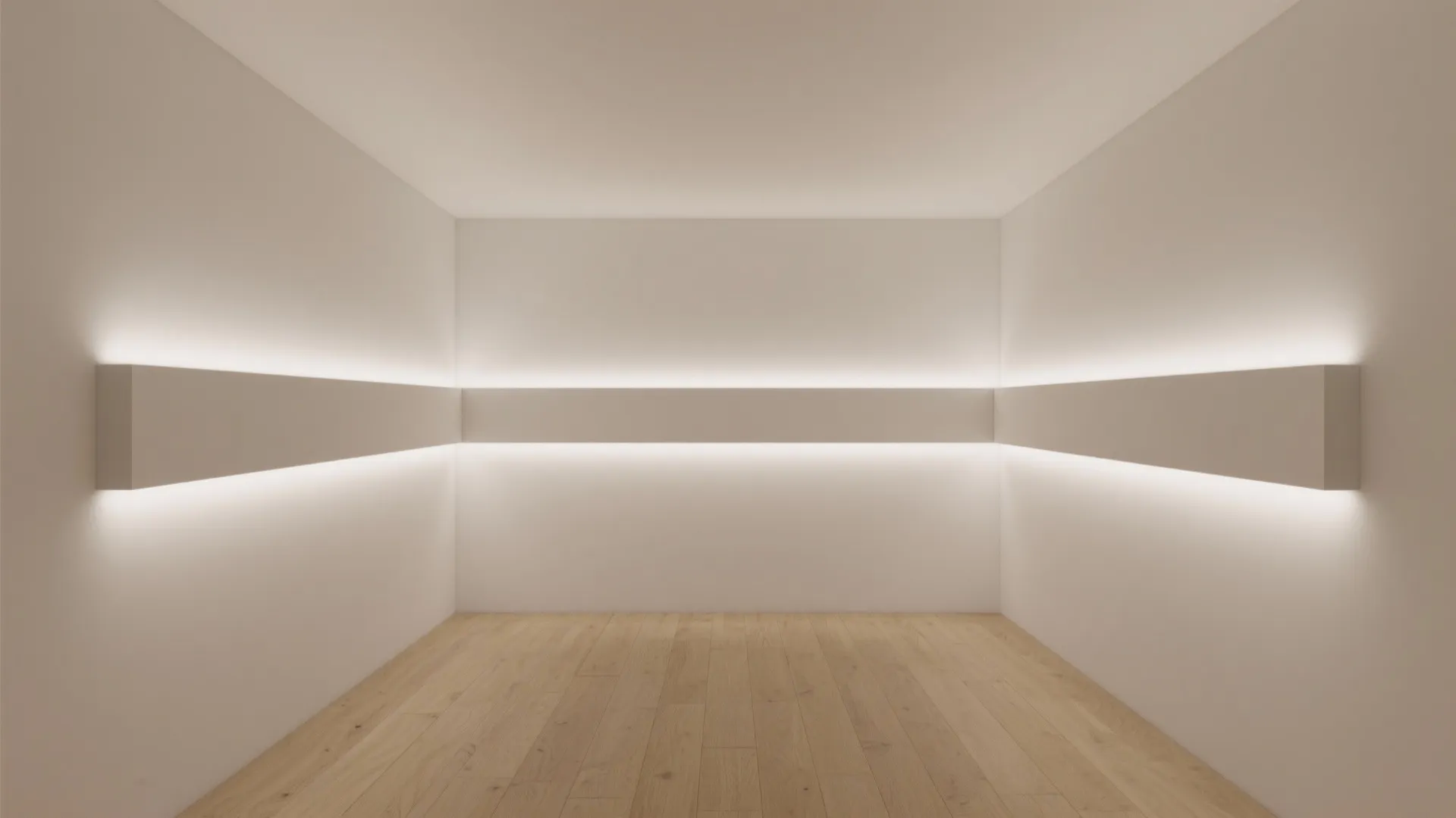 Empty white room with wooden floor and horizontal wall panel featuring built-in warm light fixtures