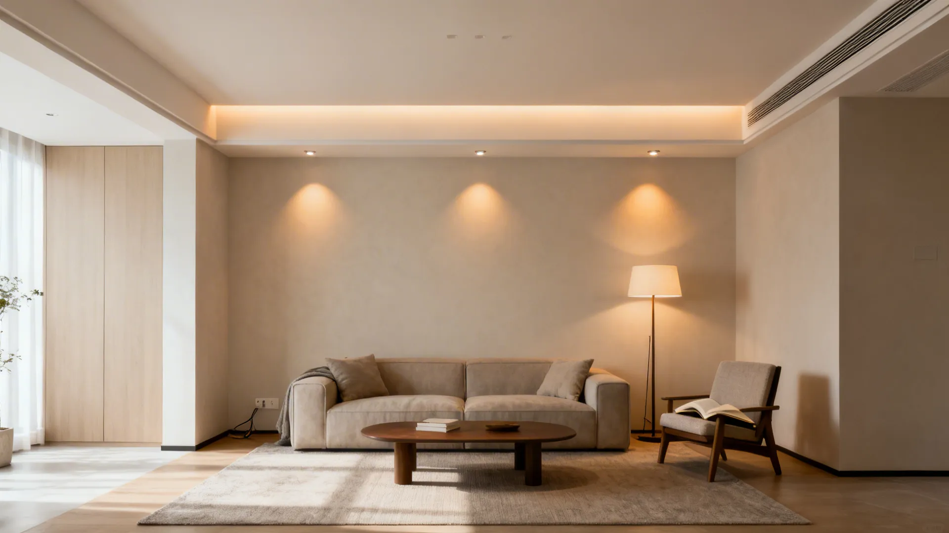 Small living room with a centered slim ceiling beam and recessed spotlights over seating.