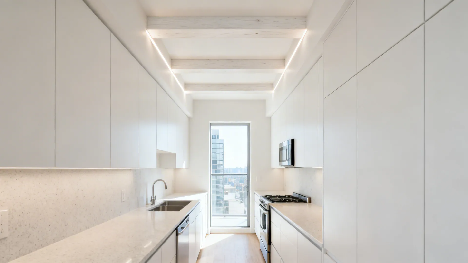 Slim white oak beams span a compact galley kitchen with bright finishes.